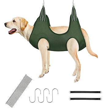 Pawaboo Pet Grooming Hammock, 7 in 1 Dog Grooming Harness, Breathable Restraint Bag Helper with S-Hooks and Comb, Dog Holder Grooming Sling for Trimming Nail Bathinng Washing, L Size, Army Green