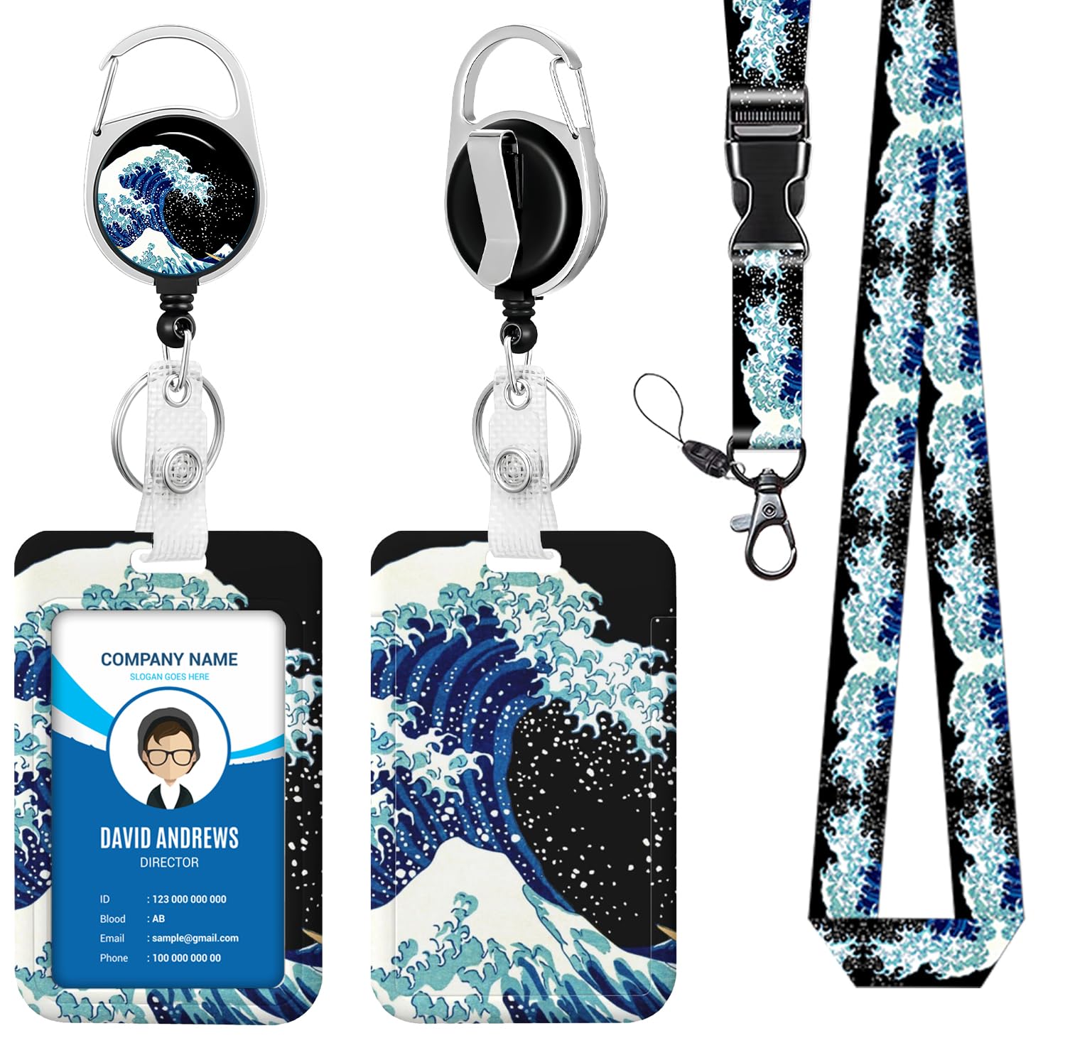 Lanyard for ID Badge Holder Badge Reel The Great Wave Off Kanagawa for Man Women Cute Nurse Teacher Name Tag Clip Retractable Keychain Heavy Duty Work Office Gifts Accessories