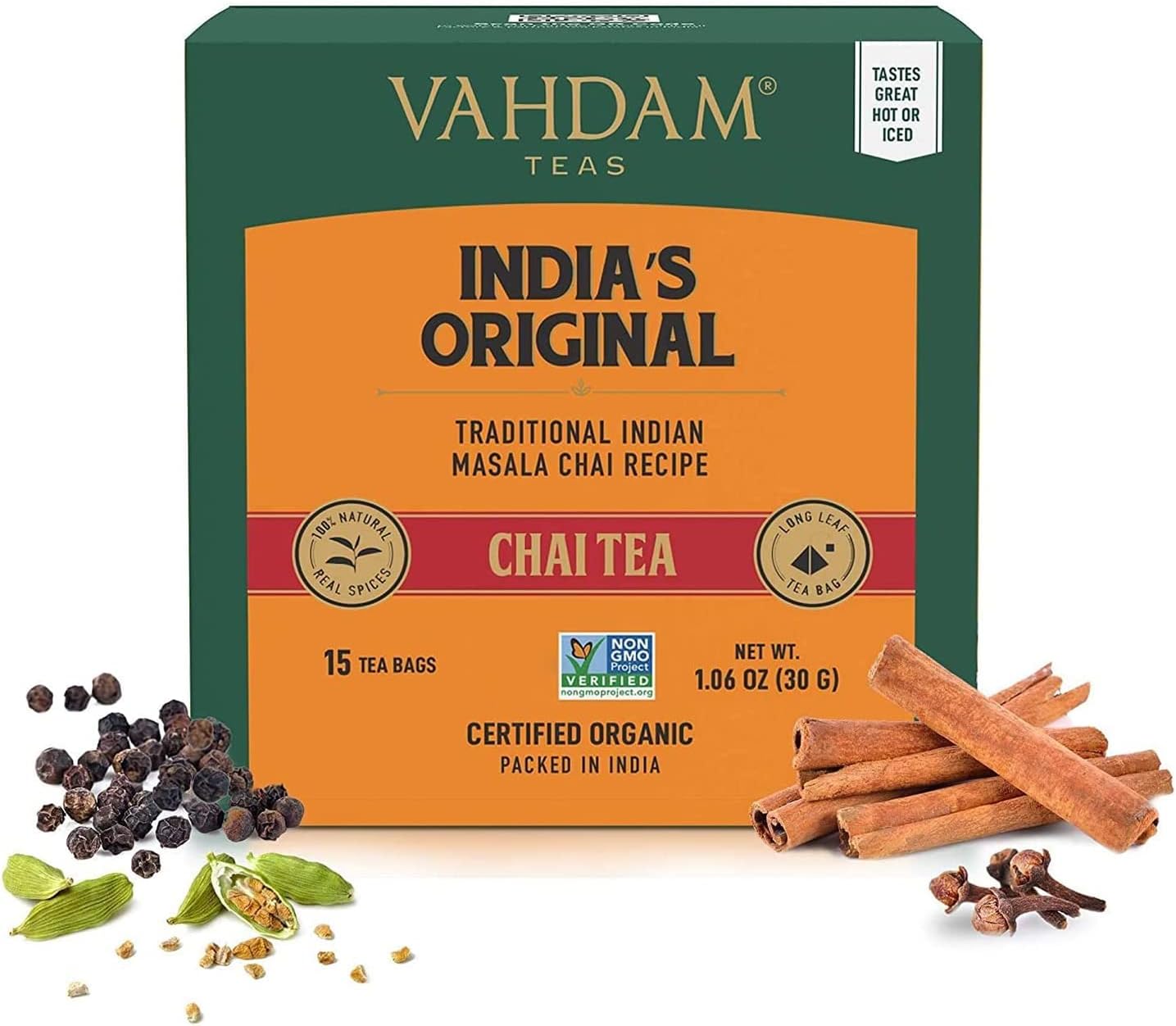 VAHDAM, India's Original Masala Chai Tea Bags (15 Pyramid Tea Bags) 100% Natural Spices- Black Tea, Cardamom, Cinnamon, Black Pepper & Clove | No Added Flavouring, Blended & Packed in India