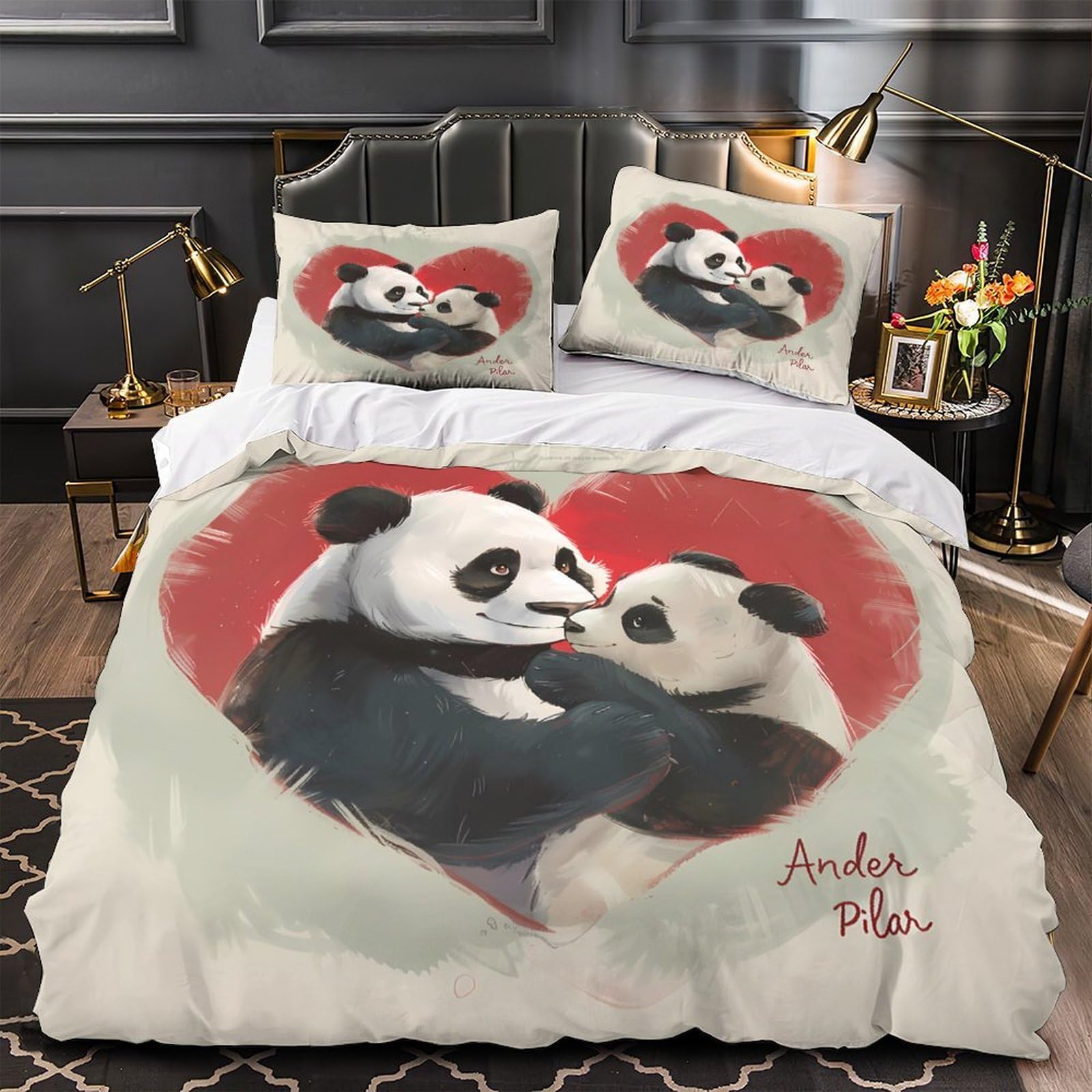 Panda-Pärchen umarmt Bettbezug Weich Reißverschluss Hautfreundlich Schlafkomfort Bettdeckenbezug 3D Gedruckt 3 Teilig Mikrofaser mit Kissenbezug Kuschelig for Teen Jungen & Männer
