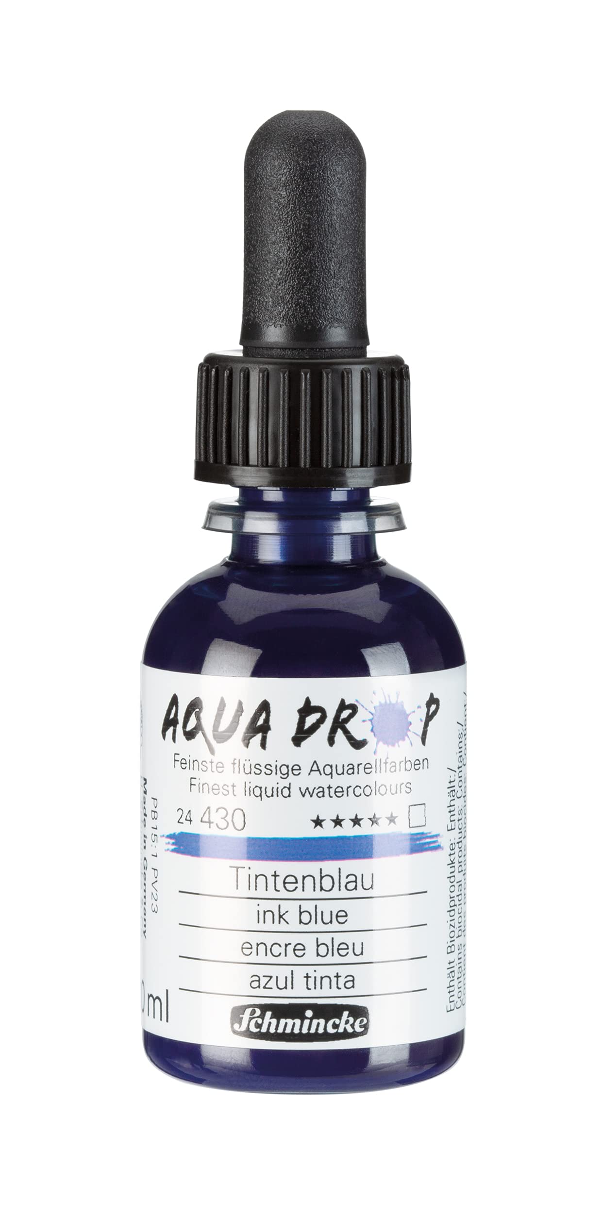 Schmincke - AQUA DROP, liquid, pigment-based watercolour, ink blue in 30 ml pipette bottle, 24430034, for watercolour painting, urban sketching, calligraphy, handlettering, lightfast