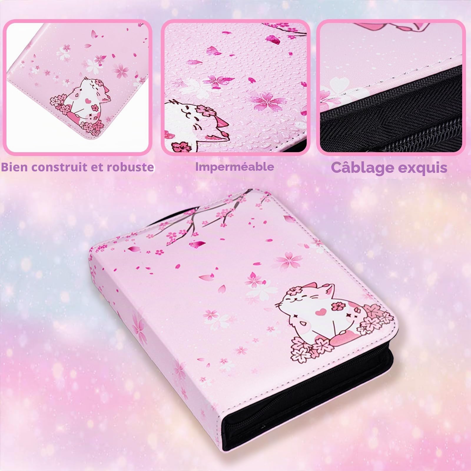 CLOKORIA Classeur pour Filles - Porte Cartes Avec 440 Emplacements, 55 Pages - Organisateur de Cartes TCG et Sport, Album à Collectionner Rose (Chat)