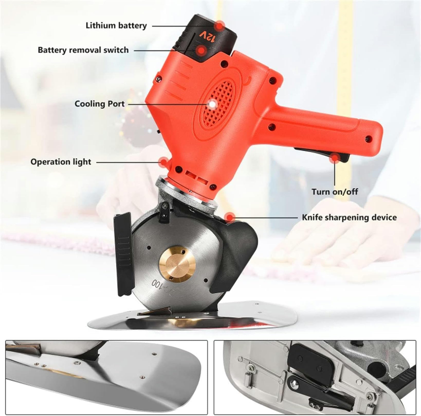 Taglierina elettrica per tessuti, 100 mm, ricaricabile senza fili, con batteria da 2000 mAh, forbici rotanti elettriche per cucito, stoffa, pelle, macchina da taglio artigianale