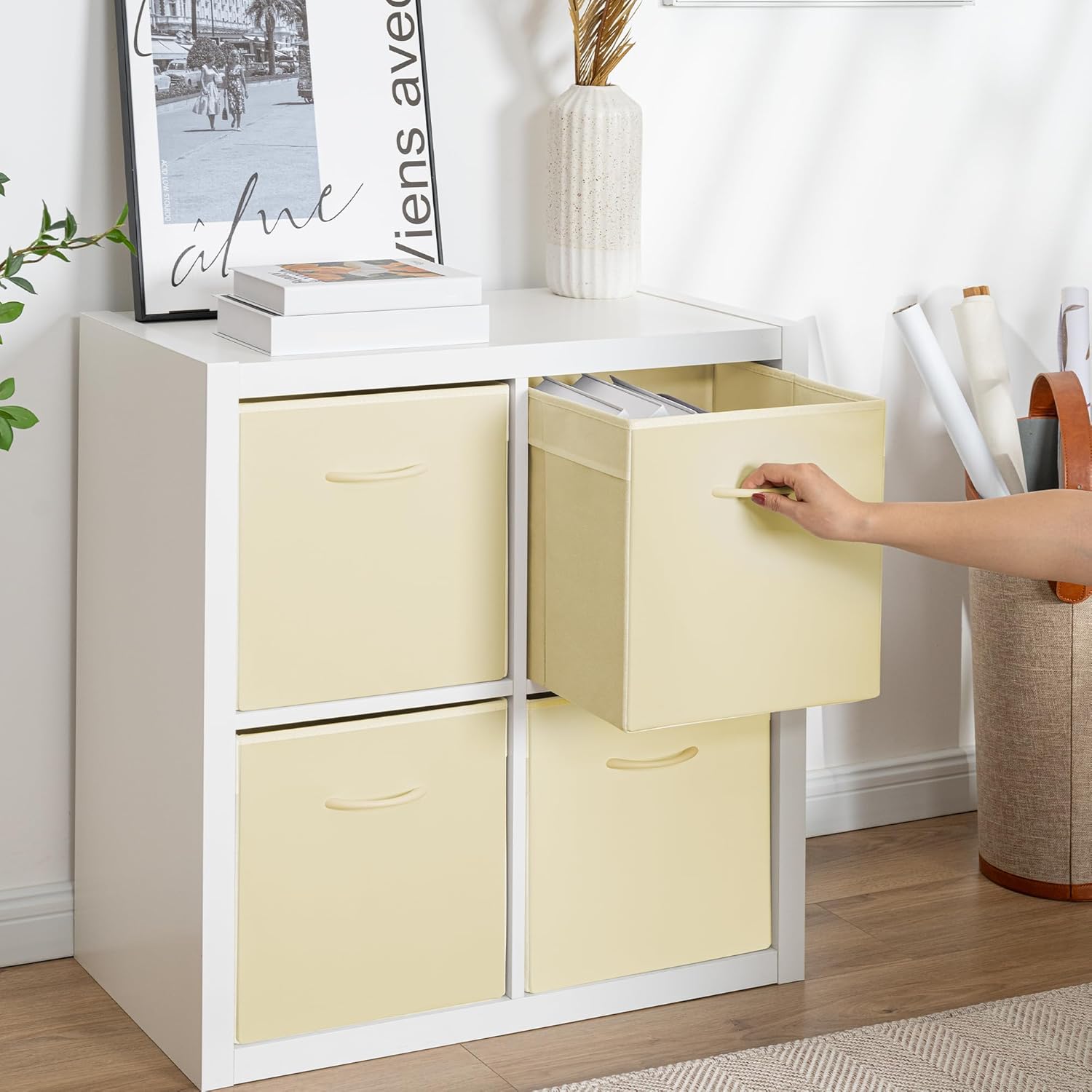 StorageWorks Beige Storage Cubes, 13x13 Storage Cube Bins with Handle, Cube Storage Organizer Bins for Shelves and Closet, Collapsible Storage Bins, 4-Pack