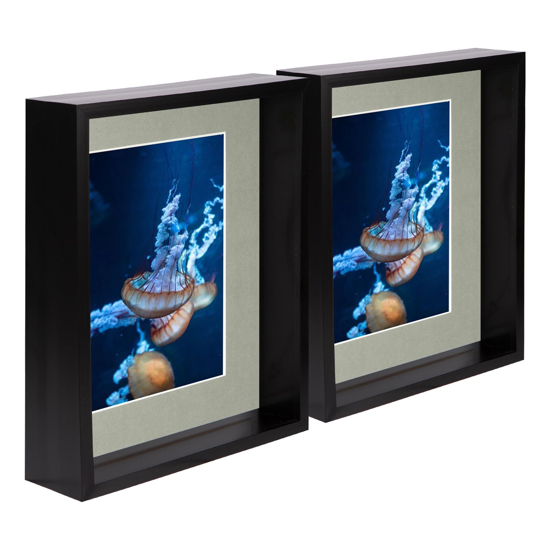 Nicola Spring Black/Grey 2X X 10 Inch 3D Deep Box Wooden Photo Frames With 5 X 7 Inch Mount - Standing Hanging Craft Shadow Memory Picture Display Case For Flowers Crafts Art Medal Size 8