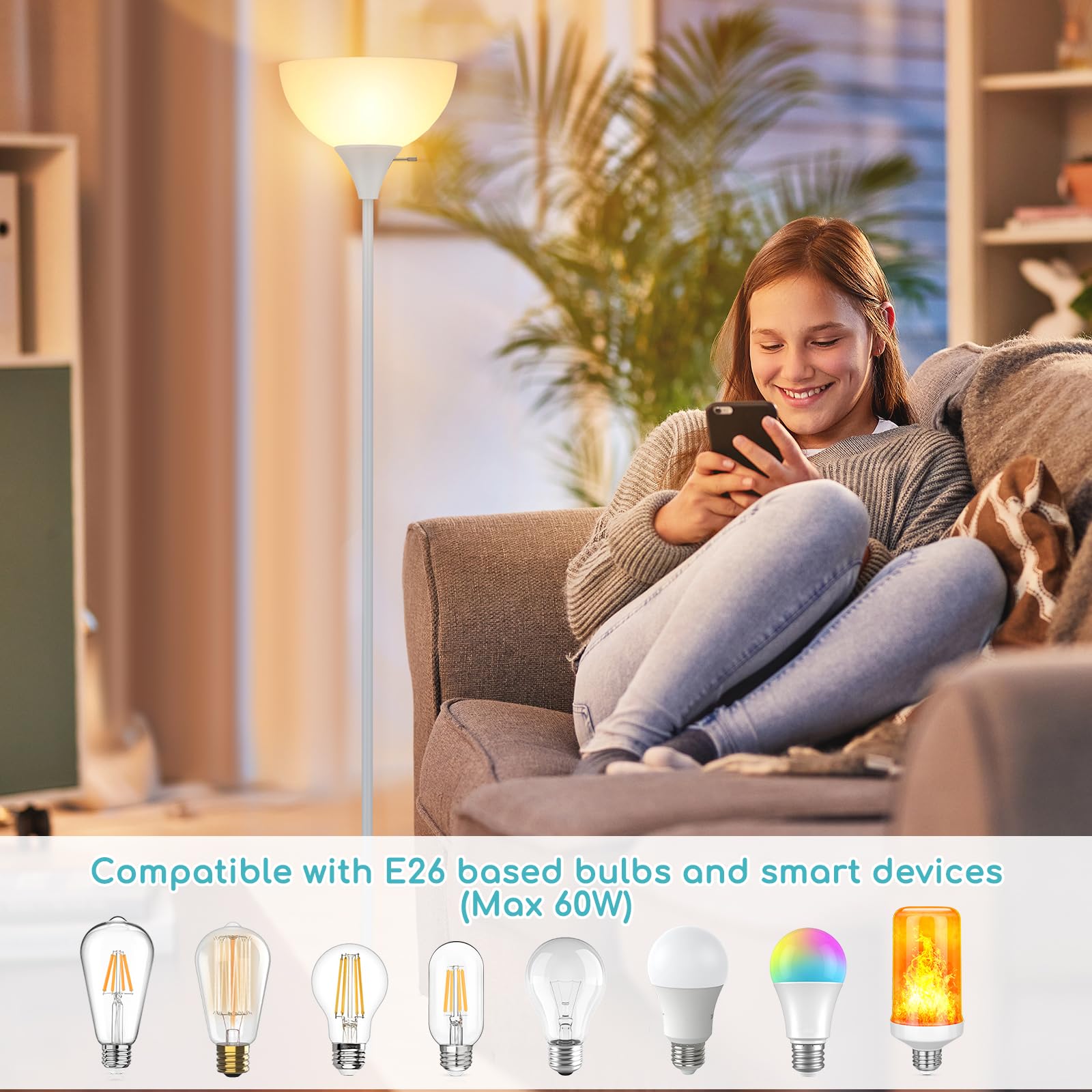 Coucrek Floor Lamp, LED Standing Lamps with White Plastic Shade