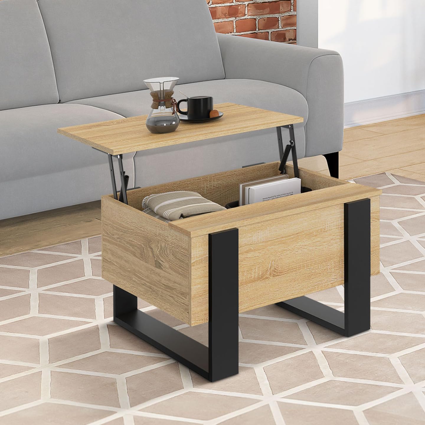 IDMarket - Table Basse carrée Plateau relevable 70 cm Phoenix Bois et Noir