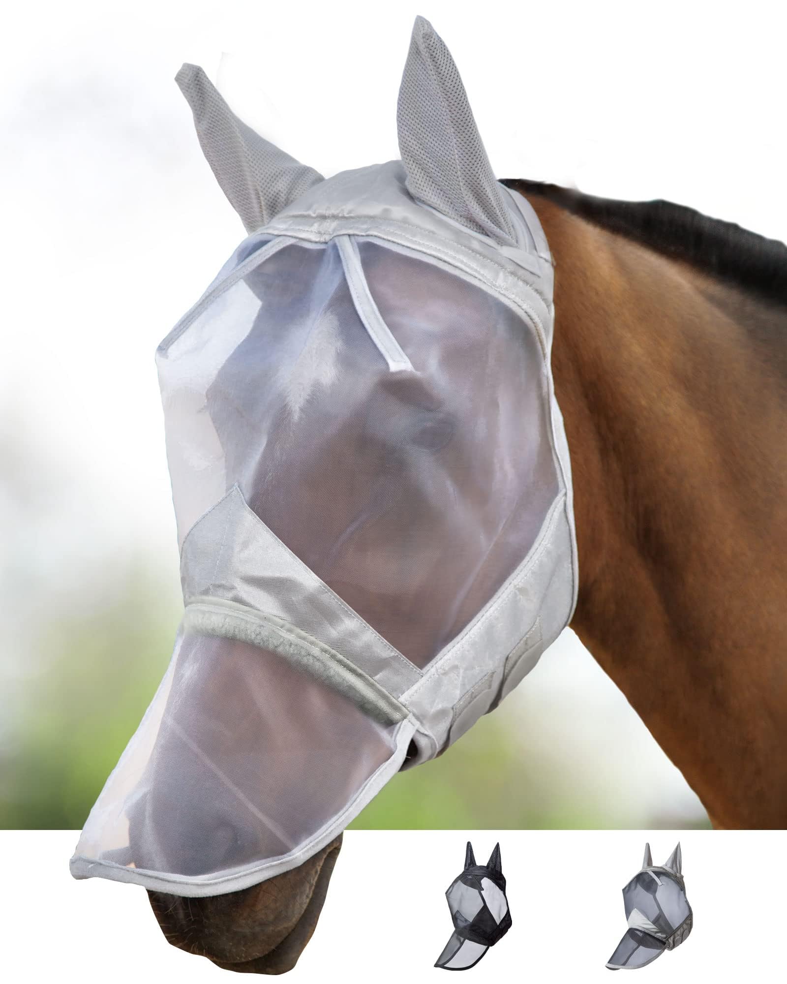 Harrison Howard CareMaster Horse Fly Mask Large Eye Space Long Nose with Ears Full Face Moonlight Silver Small Pony