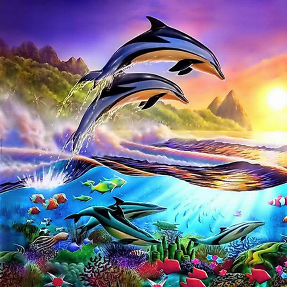 Better Selection Flying Dolphins Diy 5D Diamond Art By Number Kit For Adult Full Drill Diamond Painting Embroidery Kit Home Wall Decor-11.81 X 11.81