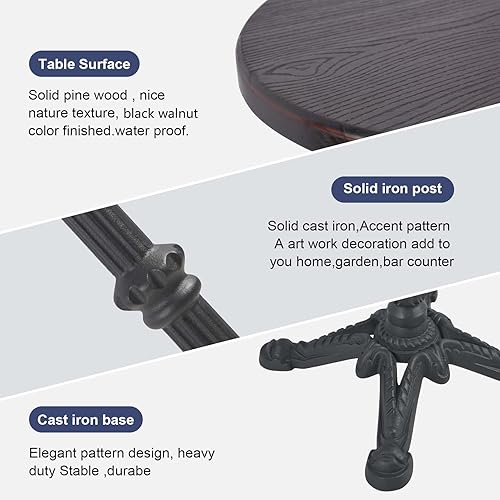 Miniatura 6 de Topower Mesa retro industrial del pub 19.7" redondo negro nogal color madera superior 43.3" altura negro hierro fundido bar mesa