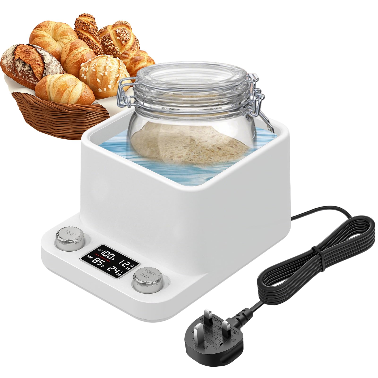 Sourdough Starter Warmer with 360° Water Bath, Precise 1°F Thermostat (70-104°F), 198H Timer & Feeding Reminder, Fermentation Station for Yogurt Kombucha Beer (White)