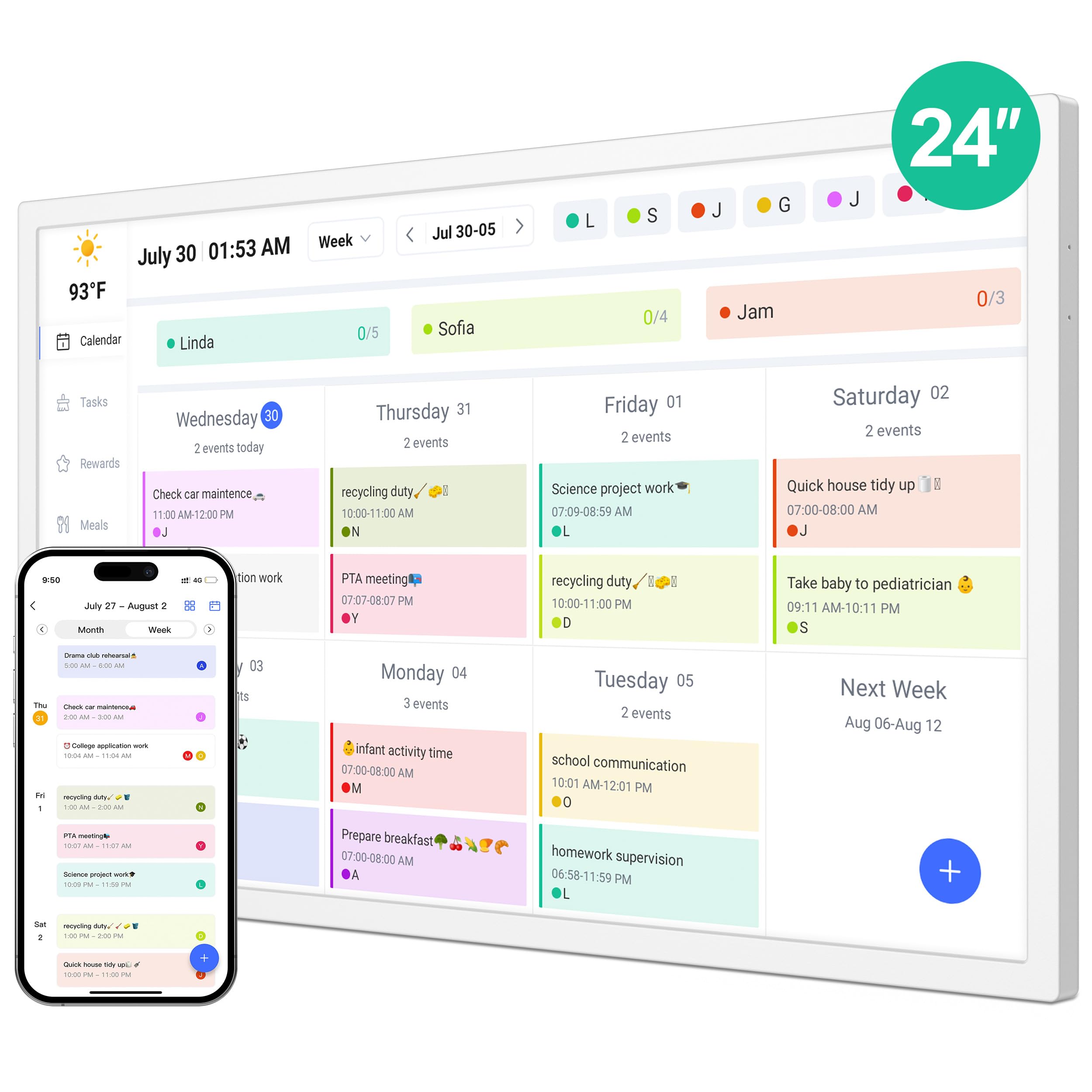 24" Digital Calendar, Smart Touchscreen Chore Chart &amp; Planner, White