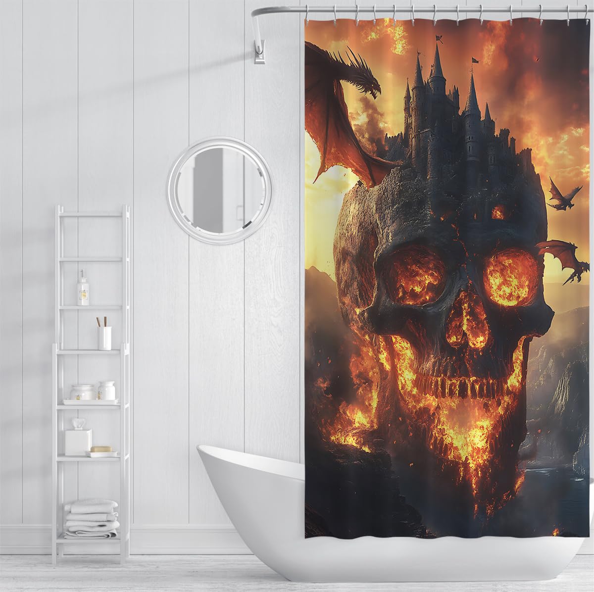 Dragon Castle Skull Duschvorhang Gothic Halloween Badezimmer 150x200cm