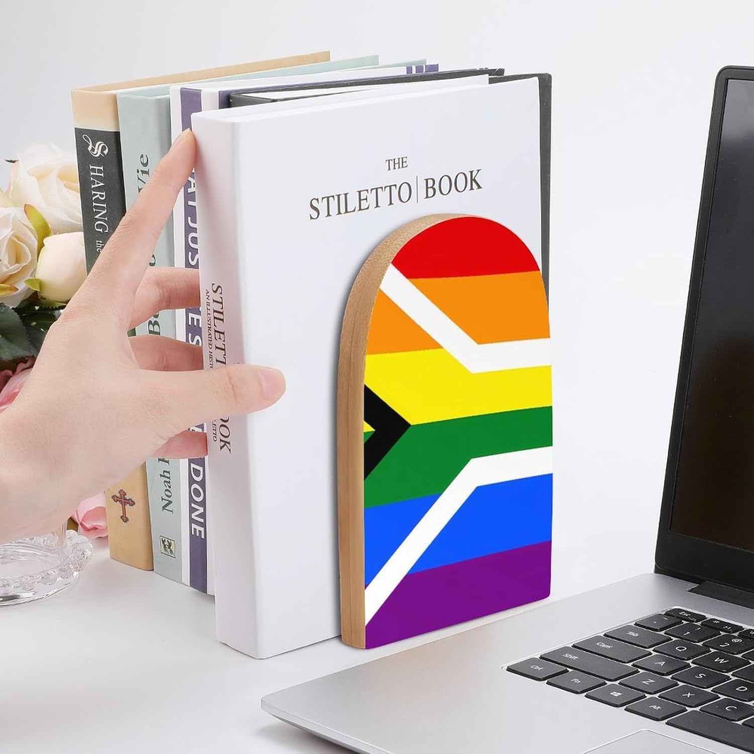Gay Flag of South Africa Cute Wood Book Ends Decorative Bookends 1 Pair Non-Skid for Shelves Home Office 7 X 5 Inch