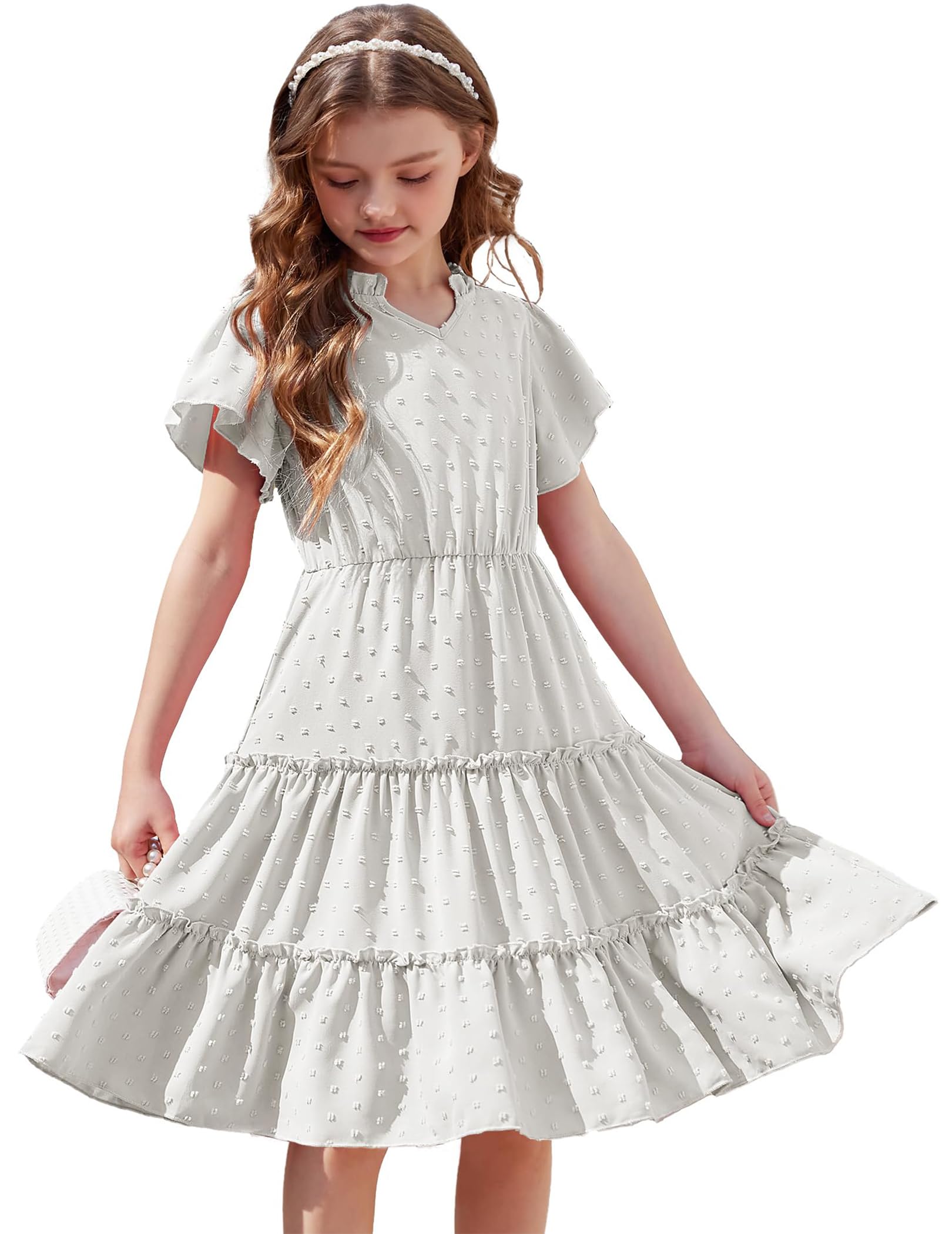 Arshiner Vestidos para Niñas Verano Mangas con Volantes Vestidos de Fiesta con Cuello en V Elegante Vestido de Gasa para Niños Boda en la Playa Vestido Infantil con Bolsillo 3-12 Años