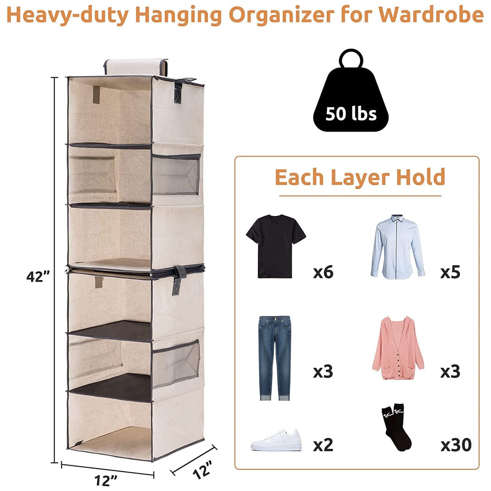 YOUDENOVA Hängeschrank-Organizer mit 6 Ablagen, zwei 3 Ebenen, teilbar, robuste Pullover-Aufbewahrung im Kleiderschrank, Segeltuch, 30,5 cm B x 30,5 cm T x 106,7 cm H, Beige