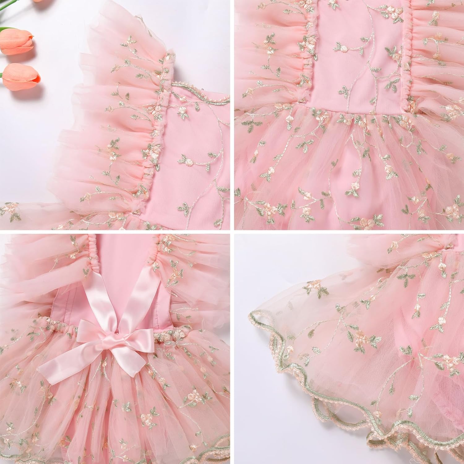ODASDO Baby Girl Floral Embroidery Tulle Tutu Princess Romper Dress First Birthday Cake Smash Outfit with Bowknot Headband - Image 6