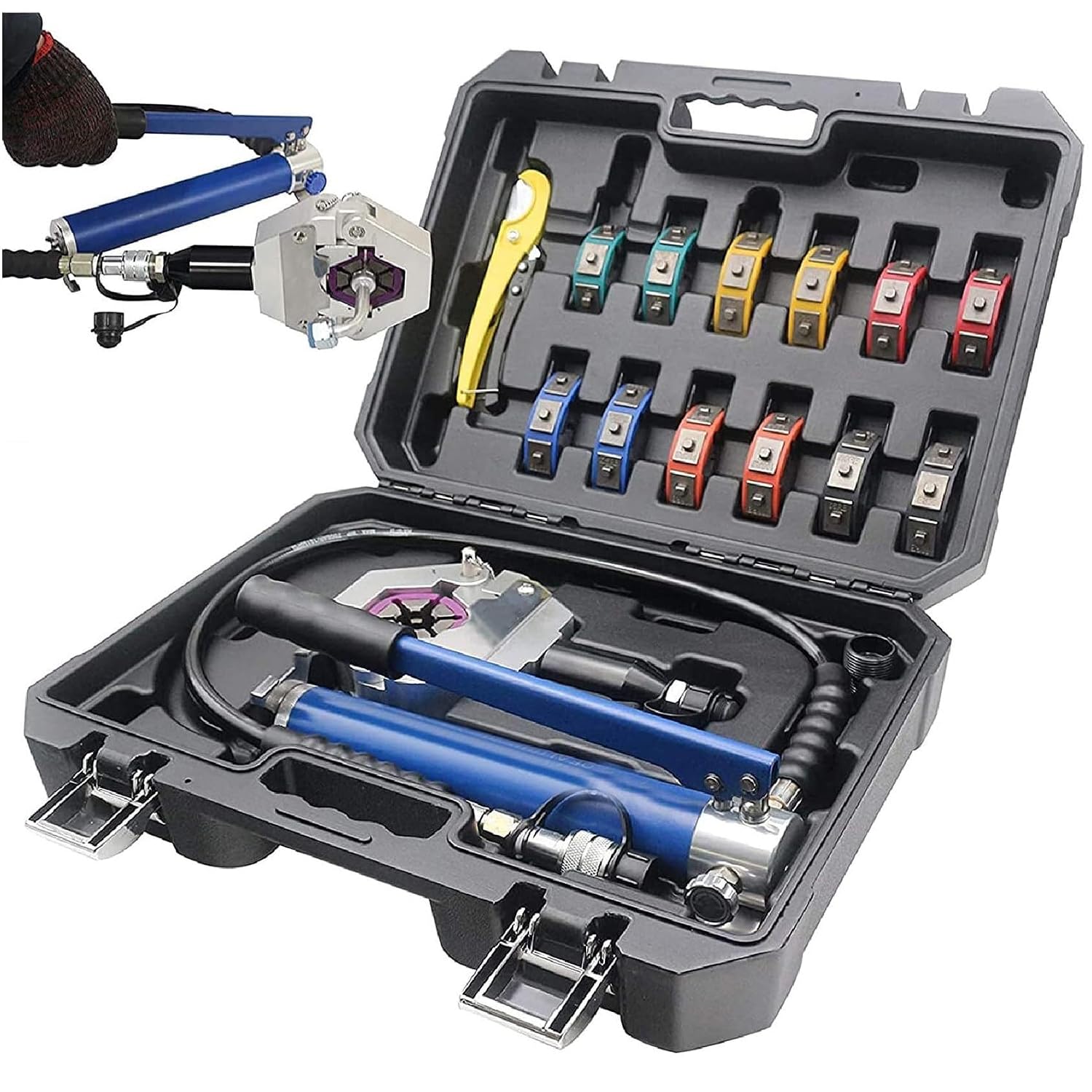 Air Conditioning Repaire Ac Hose Crimper, Hydraulic Clamps for Barbed and Beaded Hose Fittings, with 7 Die Set