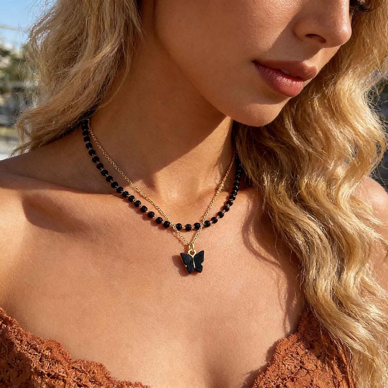 Andelaisi Boho Layered Butterfly Necklace Black Acrylic Butterfly Pendant Necklace Black Beaded Choker Necklace Gothic CZ Resin Butterfly Necklace Jewelry for Women - Image 2