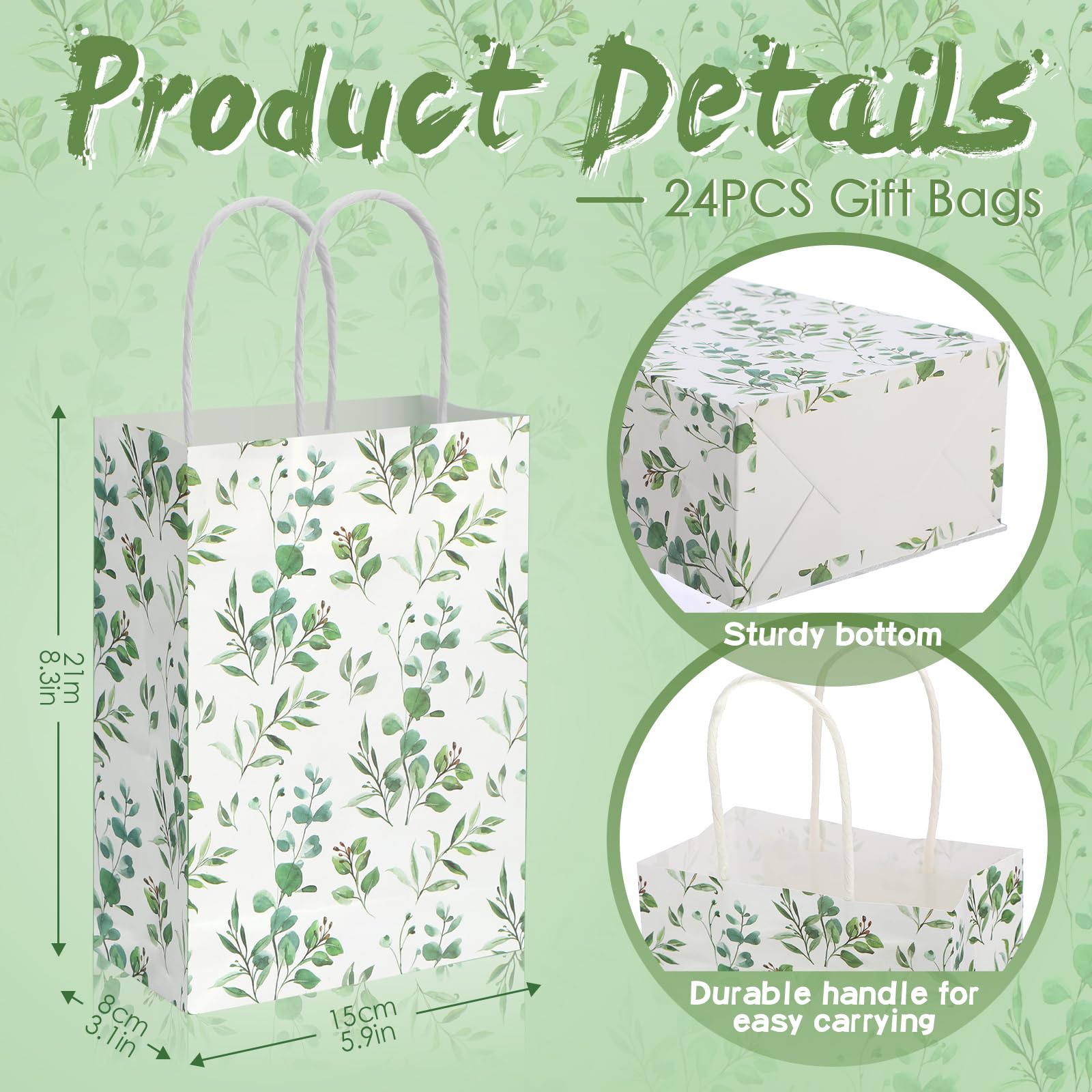 24 Salbeigrüne Papier-Geschenktüten Mit Griffen & 24 Eukalyptus-Seidenpapier – Für Babyparty, Hochzeit, Geburtstag