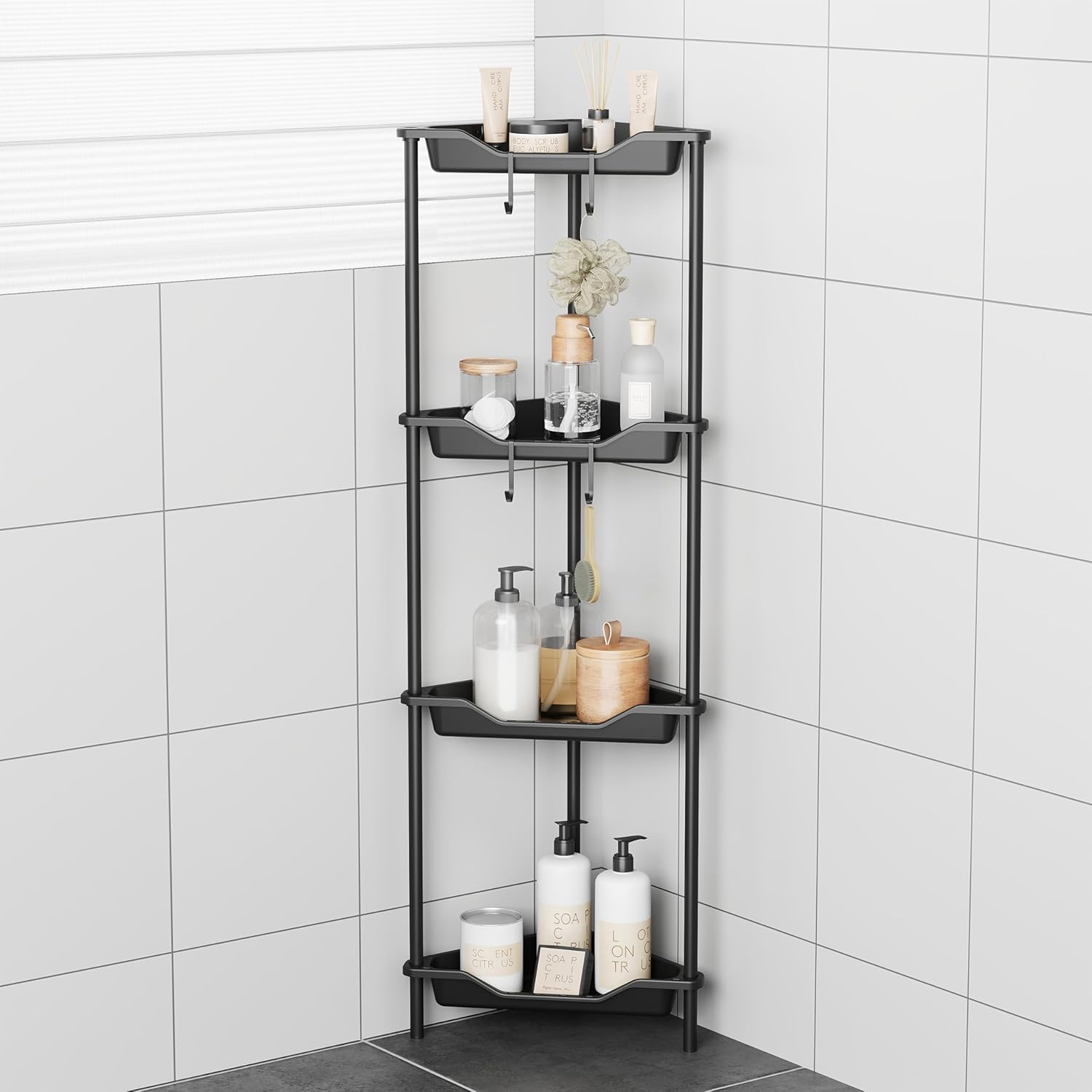 ODesign 5 Tier Floor Standing Corner Shower Caddy Organizer, Plastic Metal Floor Corner Shelf Storage Rack for Bathroom White - Rustproof