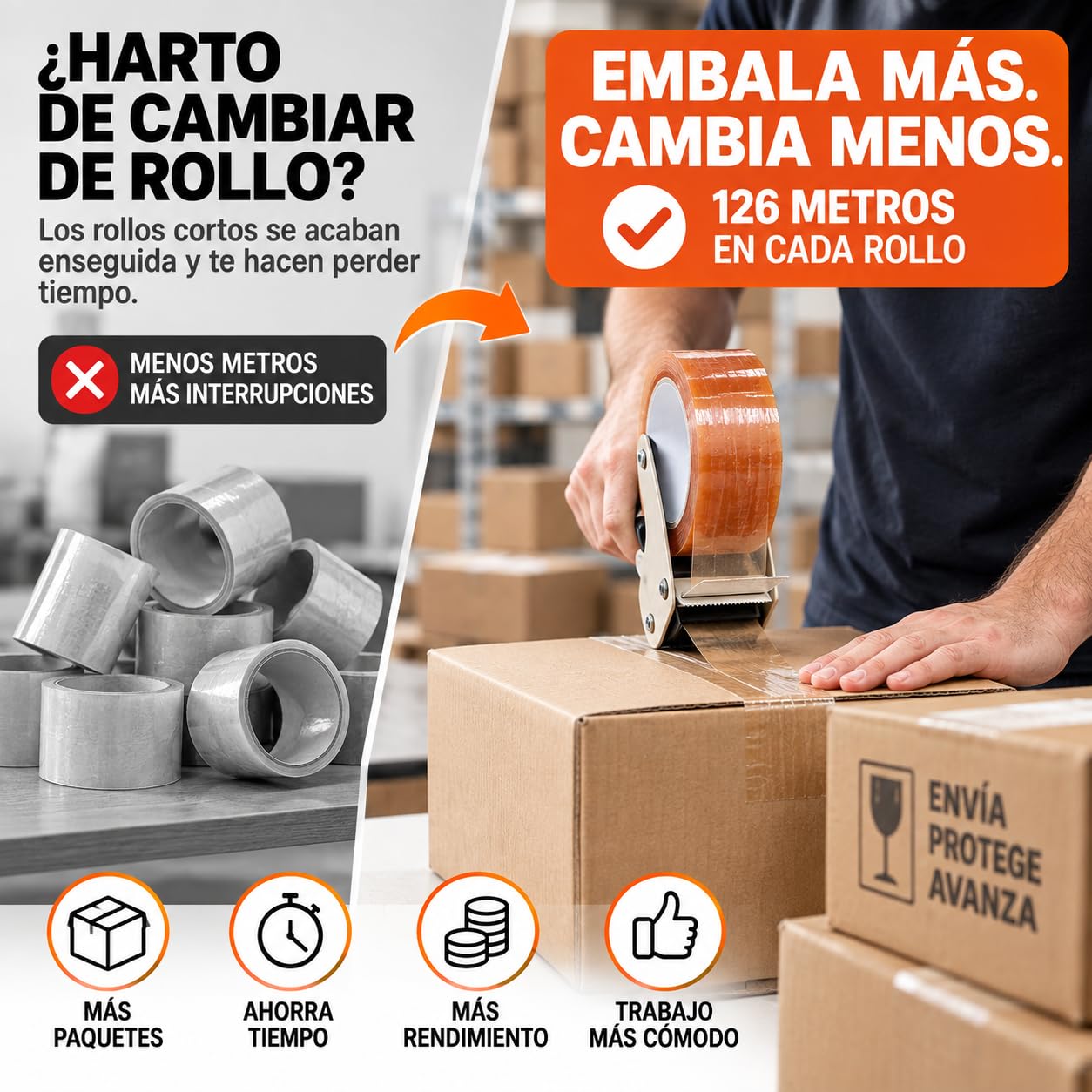 Cinta de Embalaje Transparente 48 mm x 126 m. longitud – Precinto Adhesivo de Larga Duración – Desenrollado Silencioso – Para Cajas, Envíos, Mudanzas, Almacén y Palets