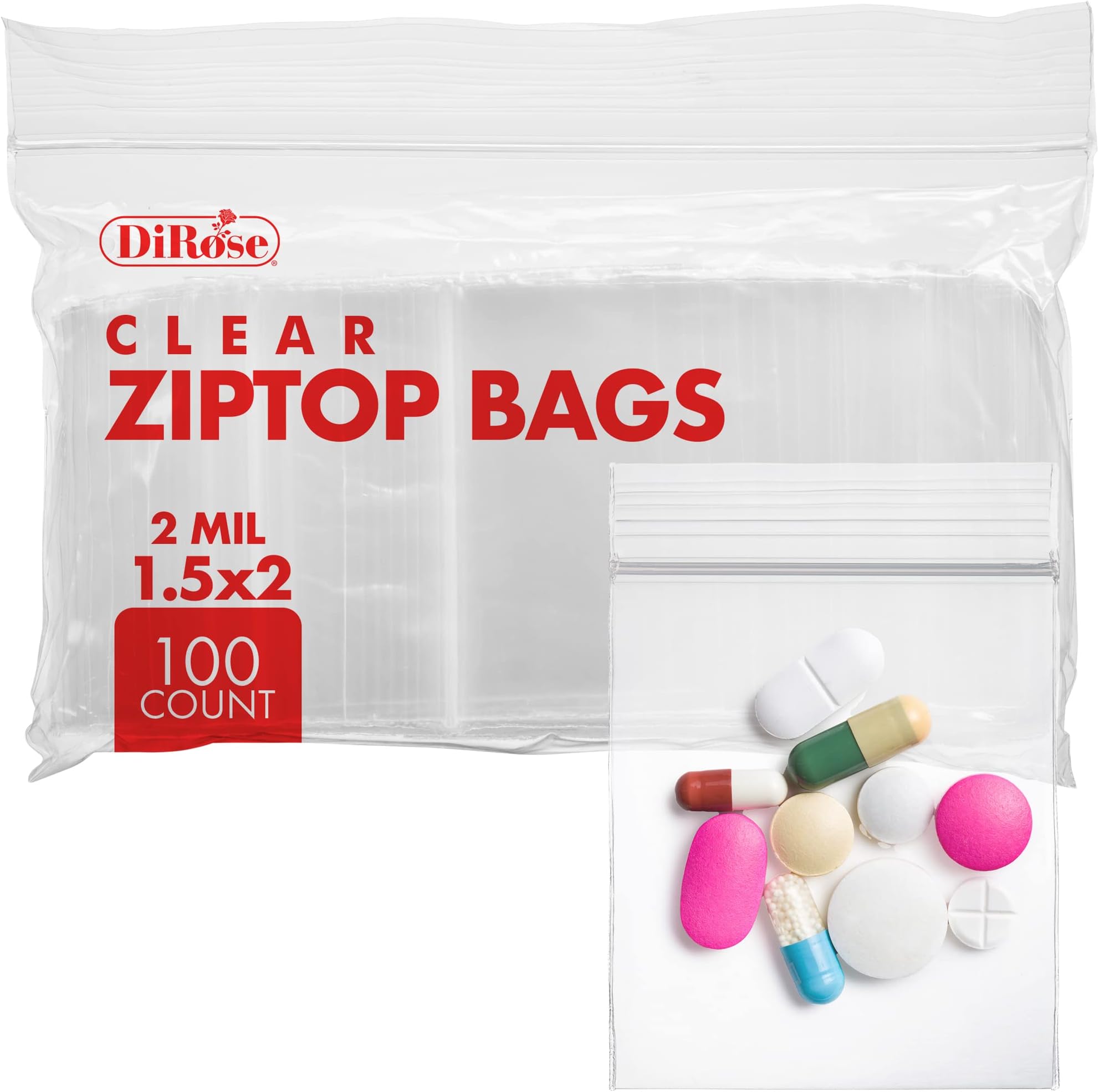 Reclosable Clear Plastic Zip Bags - By DiRose | Resealable, Strong, Thick, Sturdy | For Organizing, Travel, Shipping, Packaging, and Storage | 1.5x2 | 100 Pack