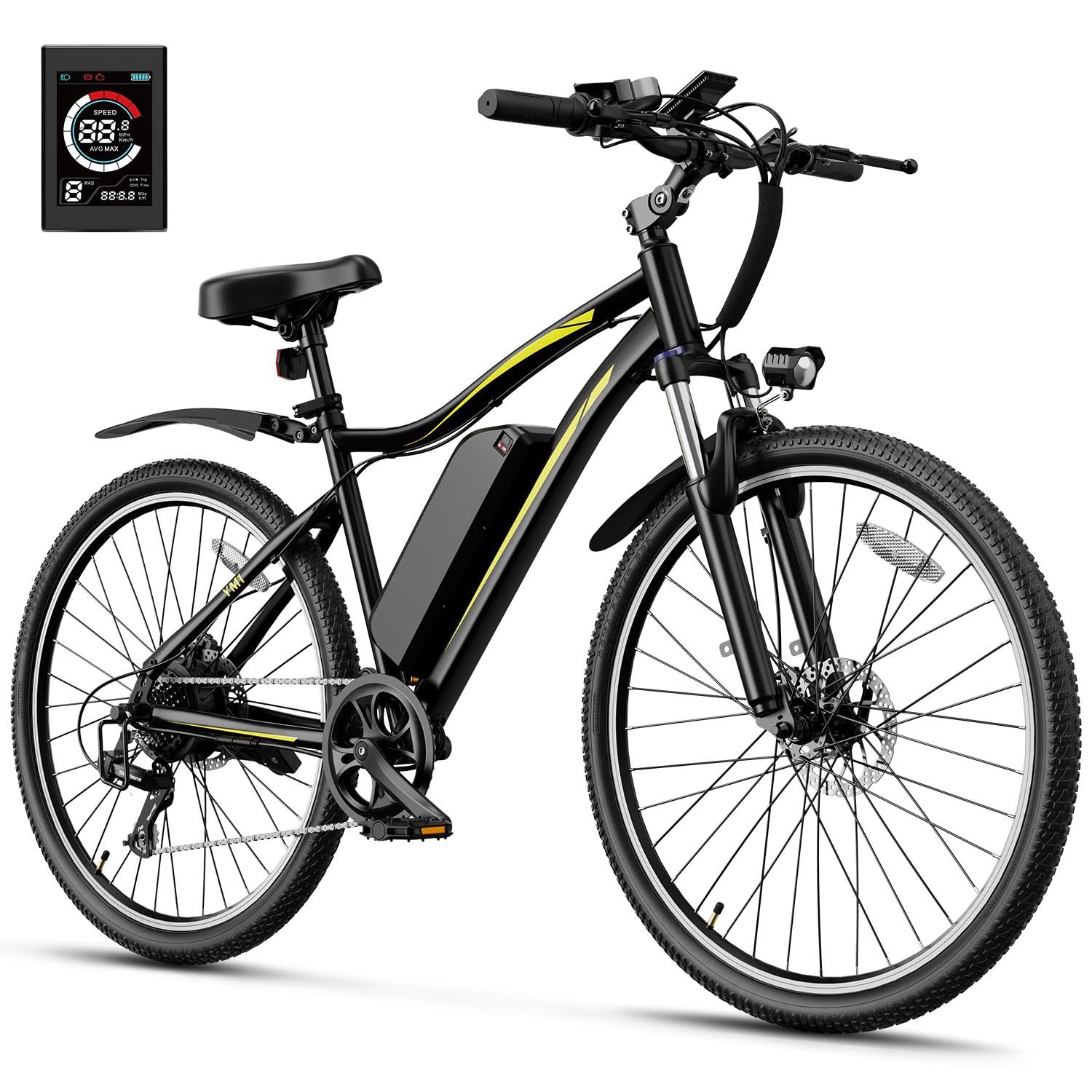 Heybike YM1 Electric Bike for Adults, 1200W Peak Brushless Motor, up to 50Miles, 28mph Max Speed Electric Mountain Bike, 480WH Removable Battery Ebike, 27.5'' Tires, 7-Speed and Front Suspension