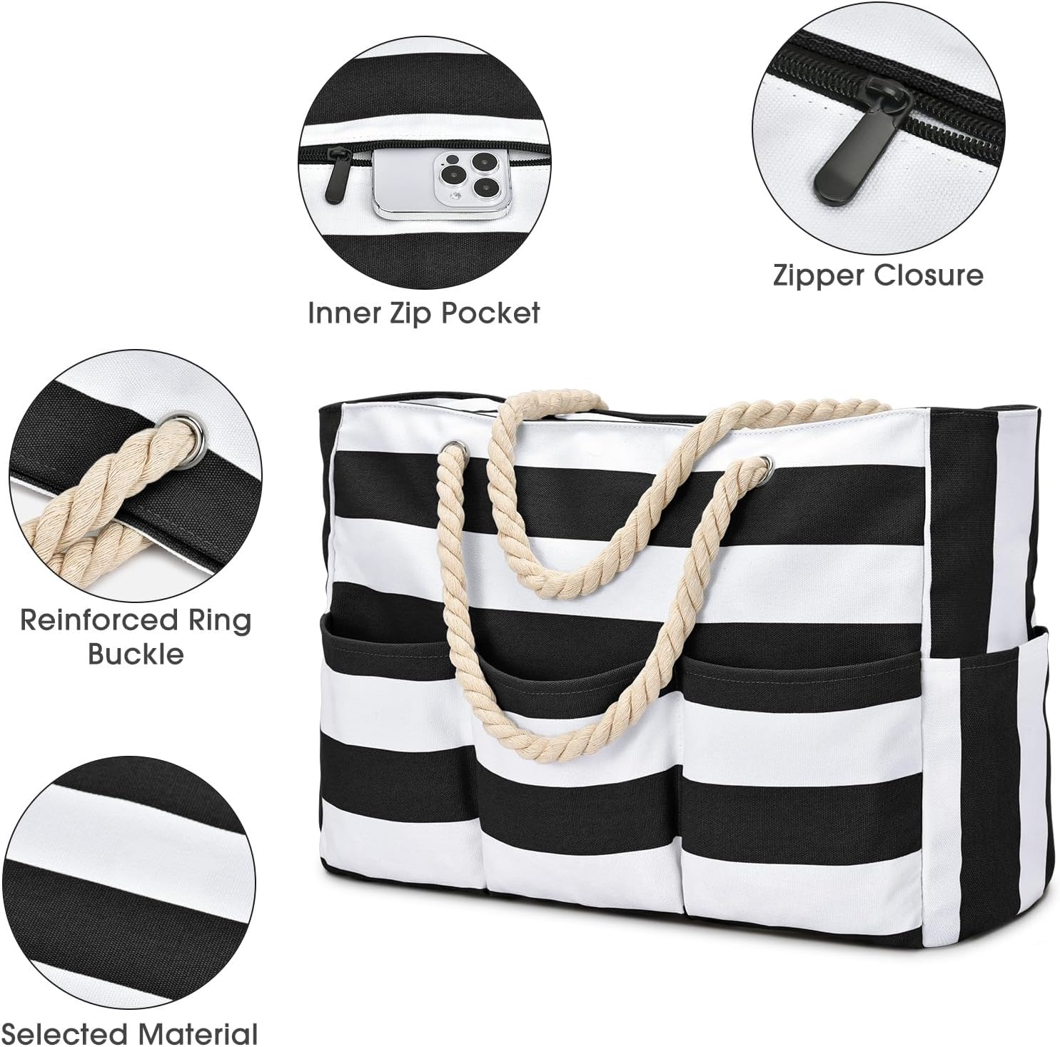 Becokan Beach Bags for Women Canvas Large Beach Tote Bag Zipper Waterproof Sandproof Foldable Swim Pool Bag with 7 Pockets - Image 4