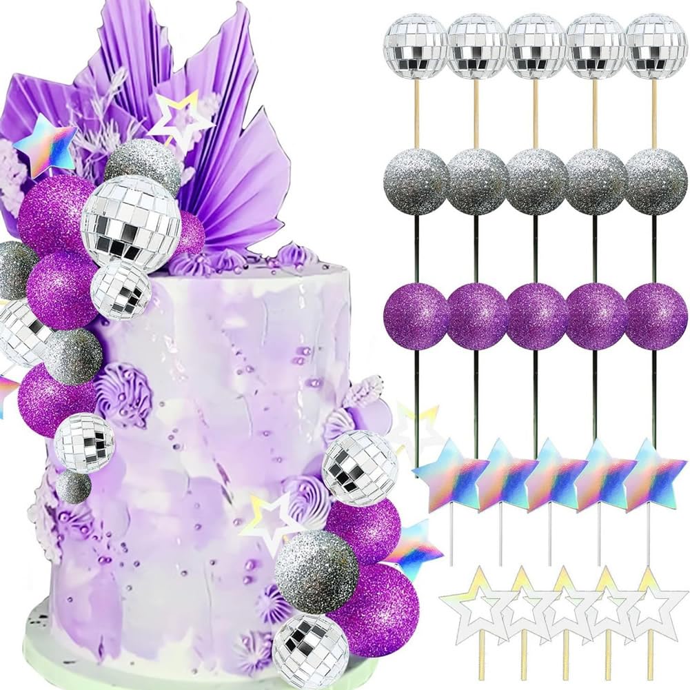 Dusenly 25pcs Purple Disco Balls Cake Toppers Dancing Queen Cake Topper 70s 80s Retro Cake Decorations Disco Ball Toppers for 70s 80s Theme Party Supplies