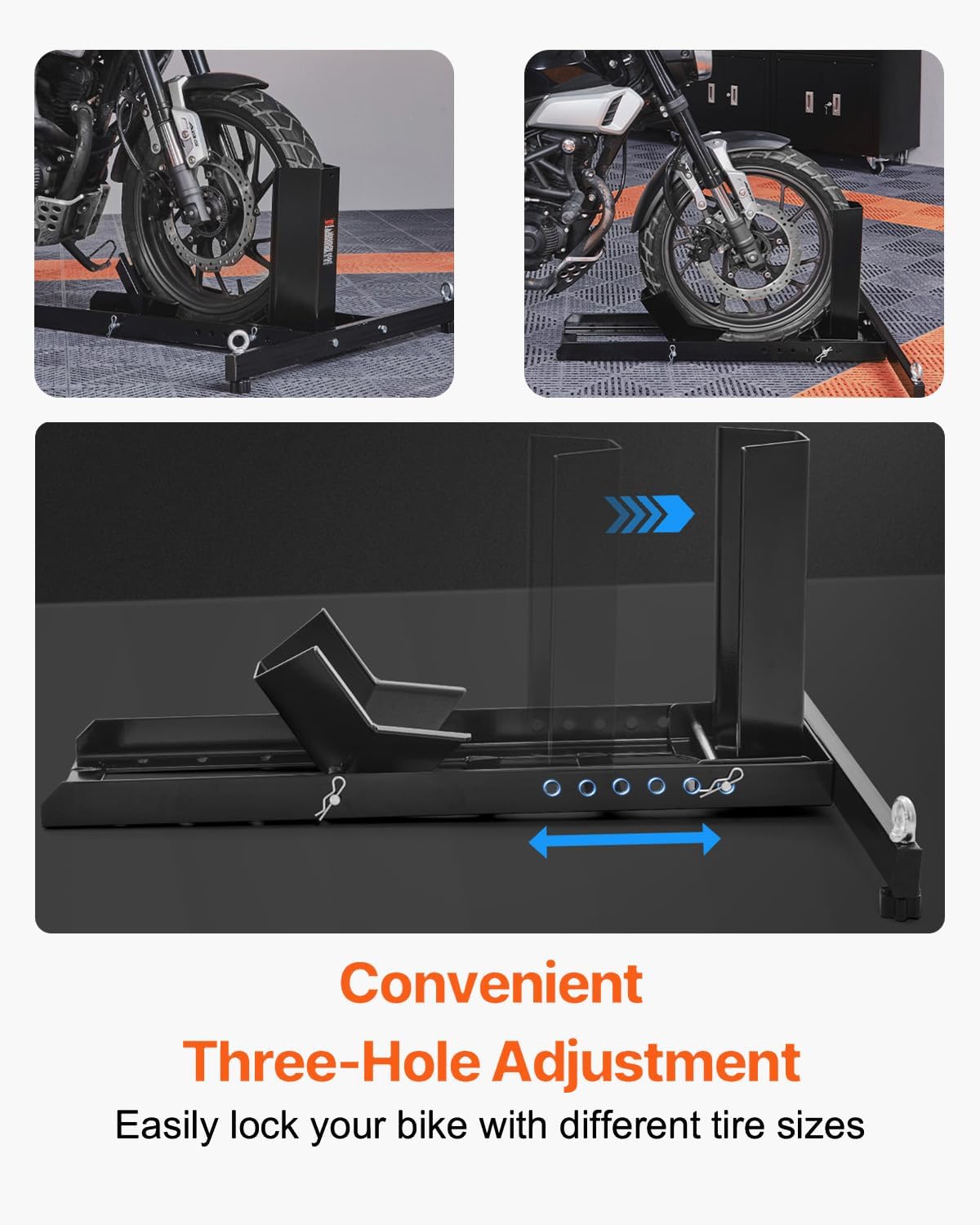 VEVOR Motorcycle Wheel Chock, Max. 1800 lbs Heavy Duty Motorcycle Stand, with 6 Adjustable Holes, Durable Steel Construction, Fits 15"-22" Wheels, Work with Off-Road and Regular Bikes
