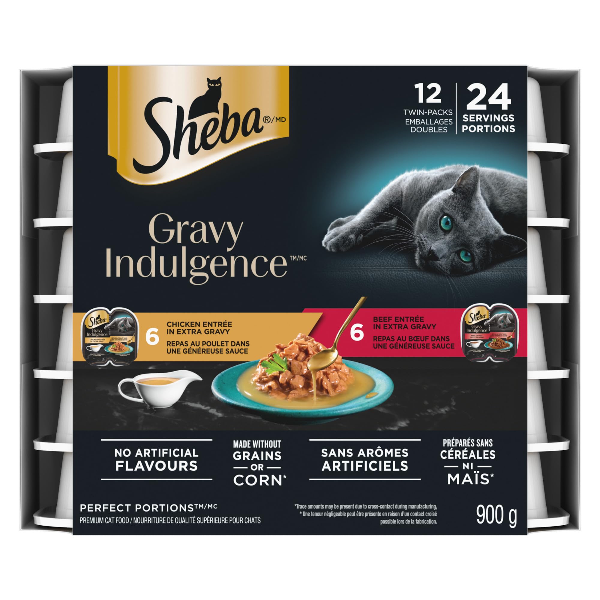 Sheba Gravy Indulgence Perfect Portions Adult Wet Cat Food Chicken & Beef Entrée in Extra Gravy Variety Pack, (12) 75g Trays image 3