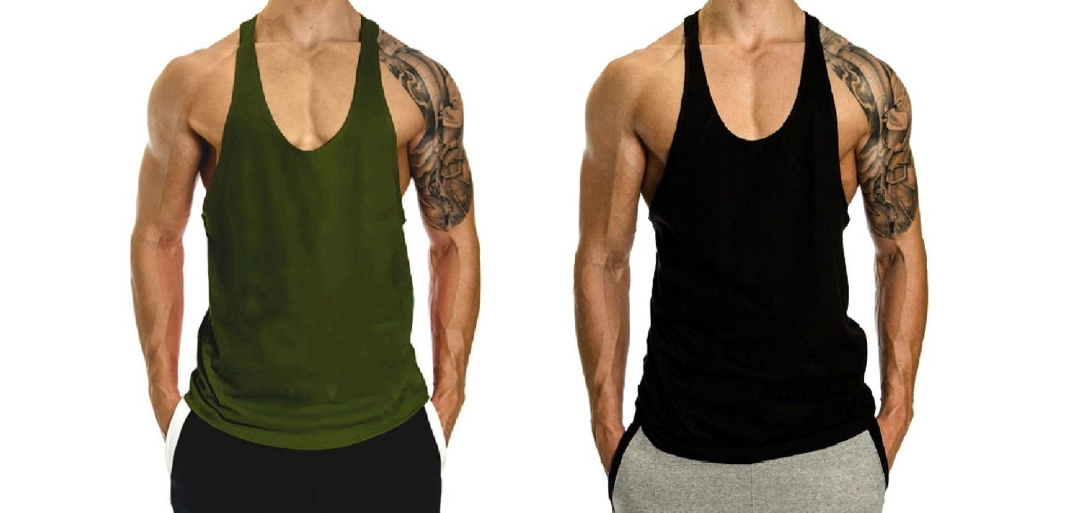 THE BLAZZEMen's Blank Stringer Y Back Bodybuilding Gym Tank Tops Pack of 2 (Medium, Army Green+Black)