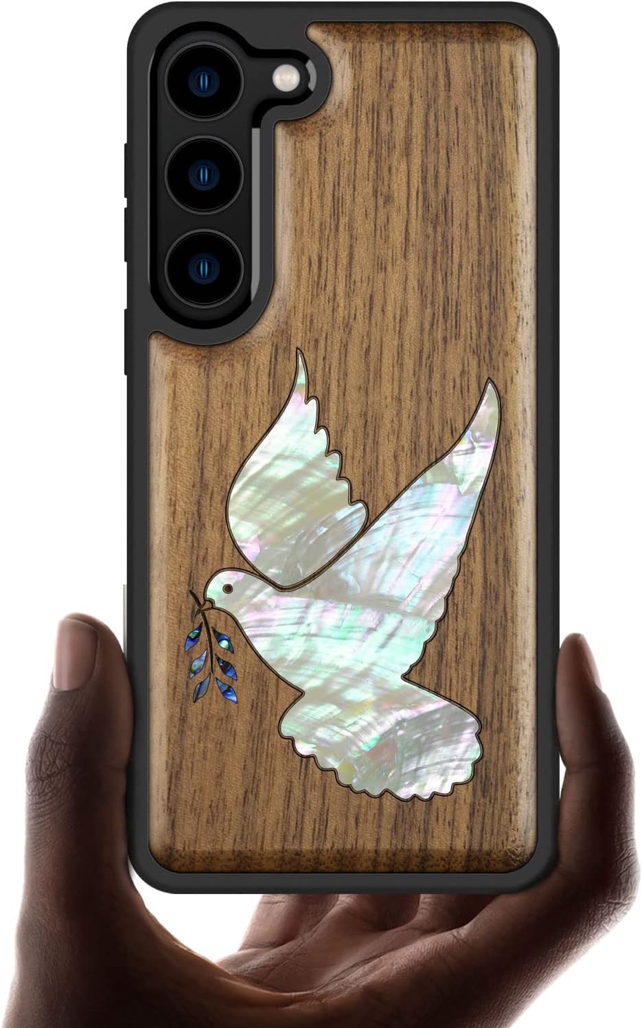 Carveit Designer Wooden Case for Samsung Galaxy S23 Cover [Wood Engraving & Shell Inlay] Unique Wood Phone Case Compatible with Wireless Chargers Galaxy S23 Case (White-Dove-Walnut)