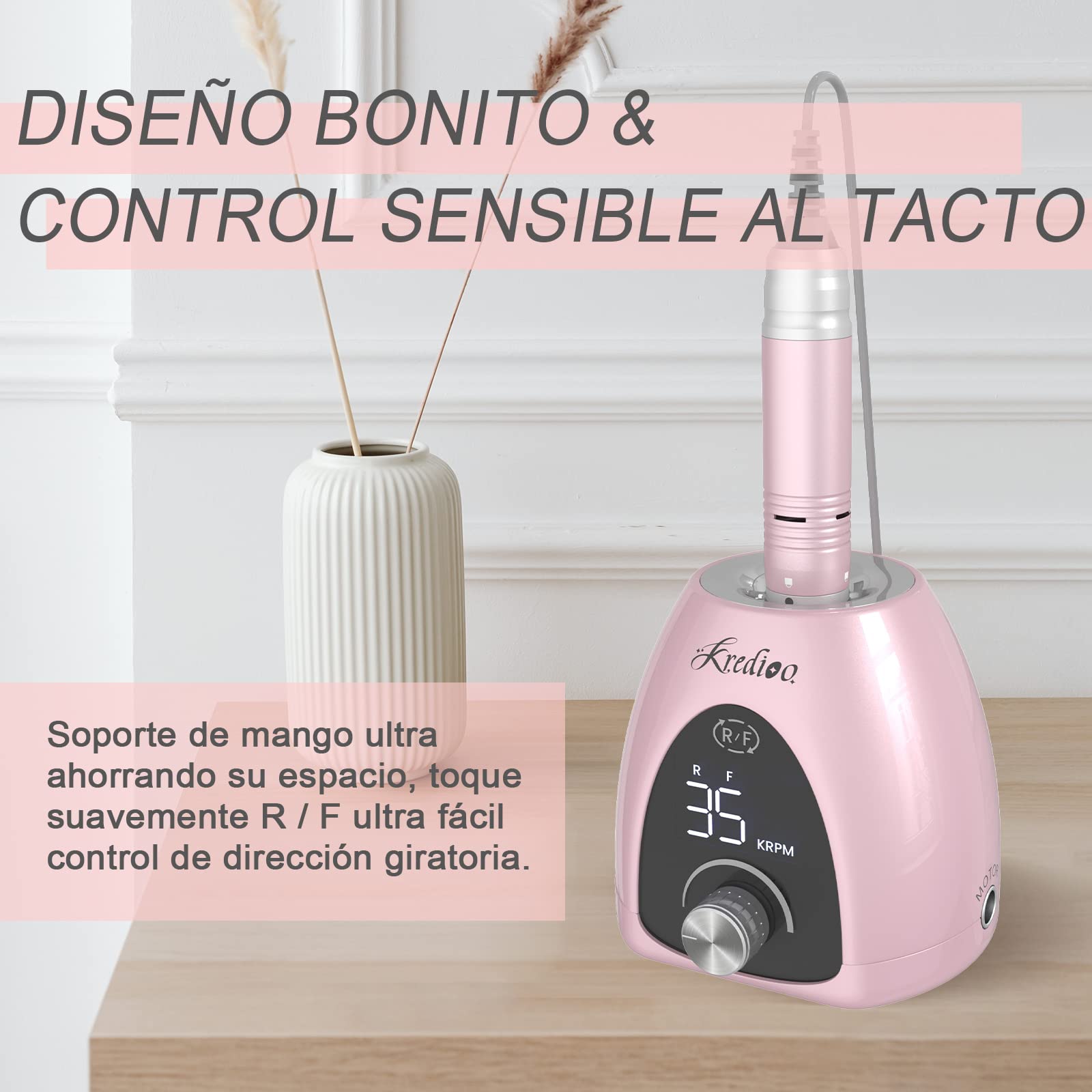 Kredioo Torno para Uñas Profesional 35000 RPM, Lima Electrica, Pulidor, Limador, Manicura y Pedicura Electrico, Fresa Portátil, Kit 6 Fresas, LED Tátil, Quitar Acrílico Gel/ Esmalte/ Callos, Rosa