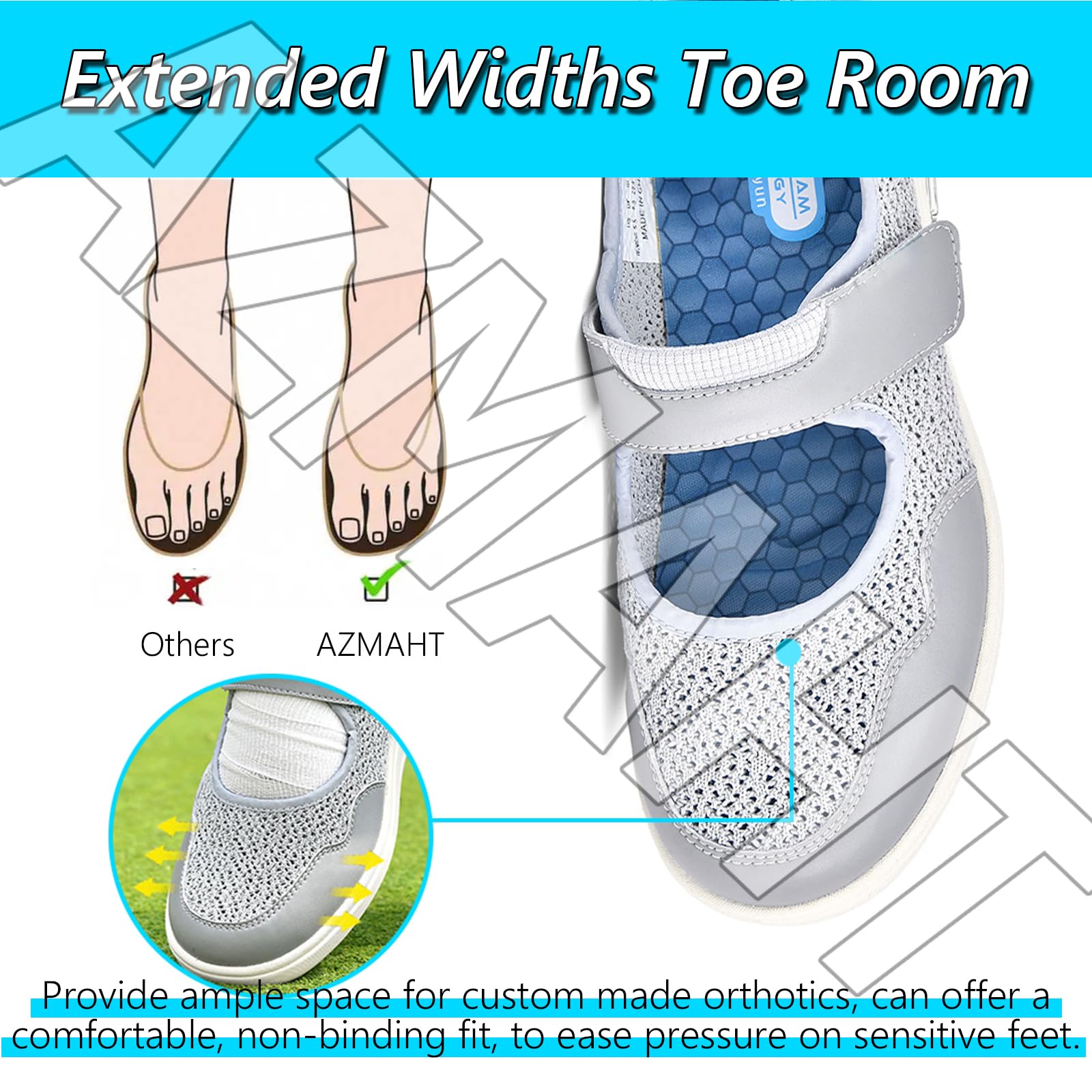 Scarpe Donna Ortopediche Eleganti Comode Anziana Estive Anziani per diabetici Extra Largo Regolabile Passeggio gonfiore dei Piedi Ampie Larghezza Hook And Loop sanitarie,Blu,38 EU