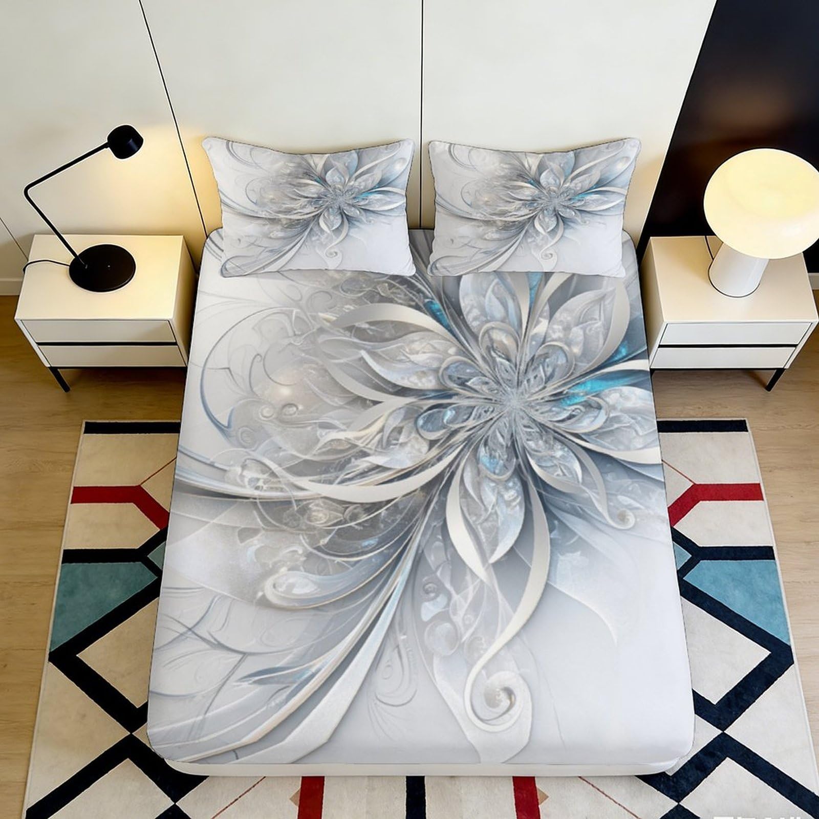 3D Printed Abstract Floral Fitted Sheet Microfiber Deep Pocket Bedroom Bedding Abstract Flower Mattress Fitted Cover Non-Slip Washable for Adults Teens 140x200x25cm