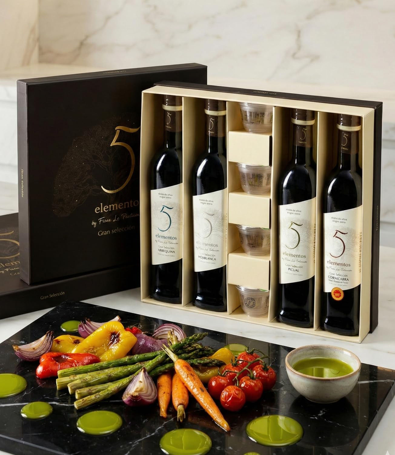 5 Elementos Gran Selección Aceite de Oliva Virgen Extra - Estuche Premium Degustación 5 Variedades: Picual, Arbequina, Cornicabra, Hojiblanca - Set Regalo Gourmet y Cata - 4x500ml