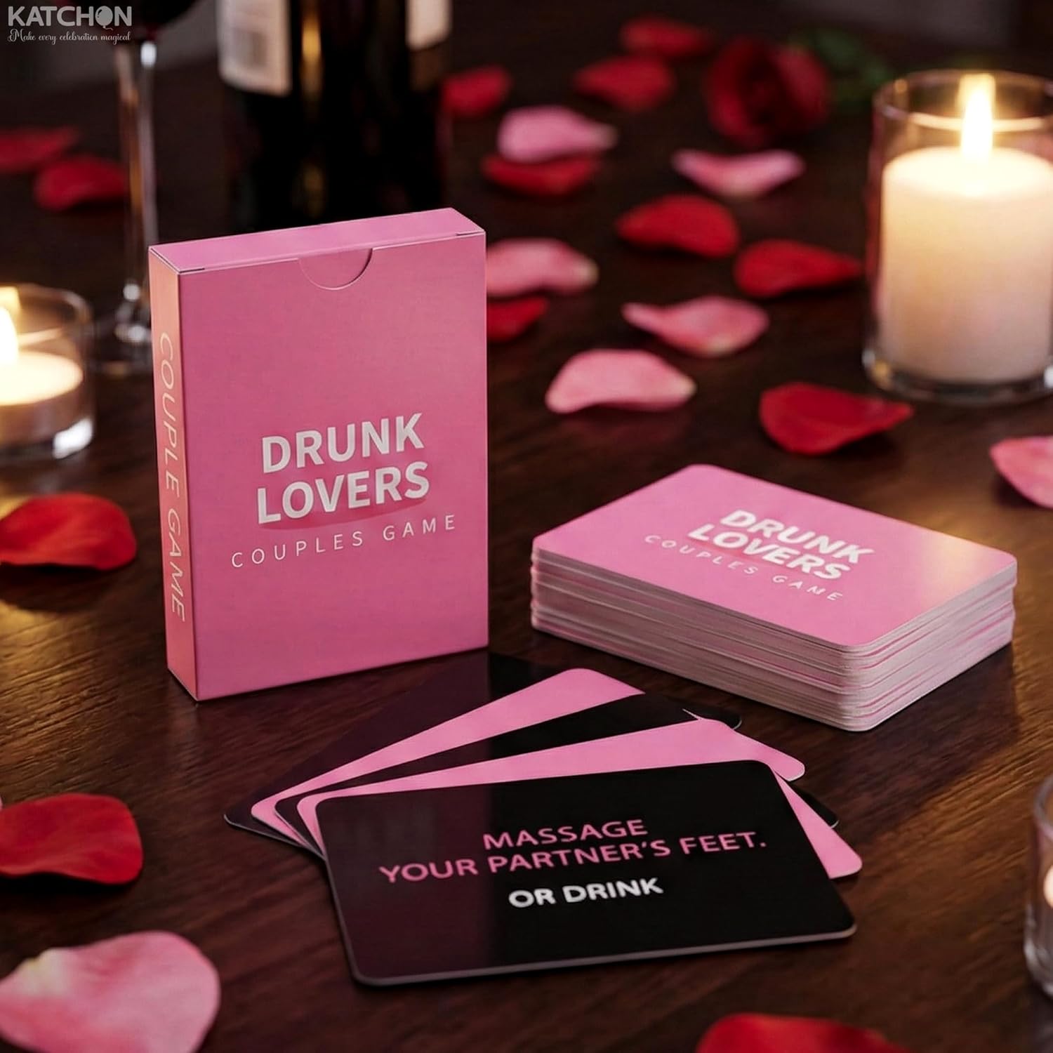 KatchOn, Couples Drinking Card Game – 50 Card Deck | Couples Drinking Game to Spice it Up for Date Night, Fun & Spicy Cards for Couple Party Gift, Ignite Sparks Couple Games Party Favors