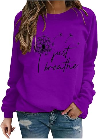 Women Dandelion Graphic T-Shirts 80s Vintage Just Breathe Letter Printed Long Sleeves Sweatshirt Pullovers Tops