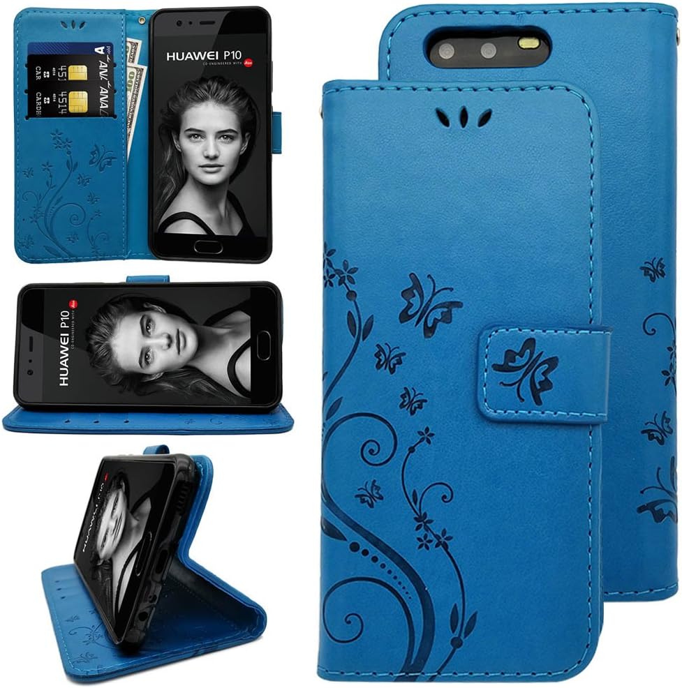 KUAWEI Huawei P10 Case Huawei P10 Wallet Flip Cover Protective Faux Leather with Credit Card Holders, Kick Stand, Magnetic Closure (Blue)