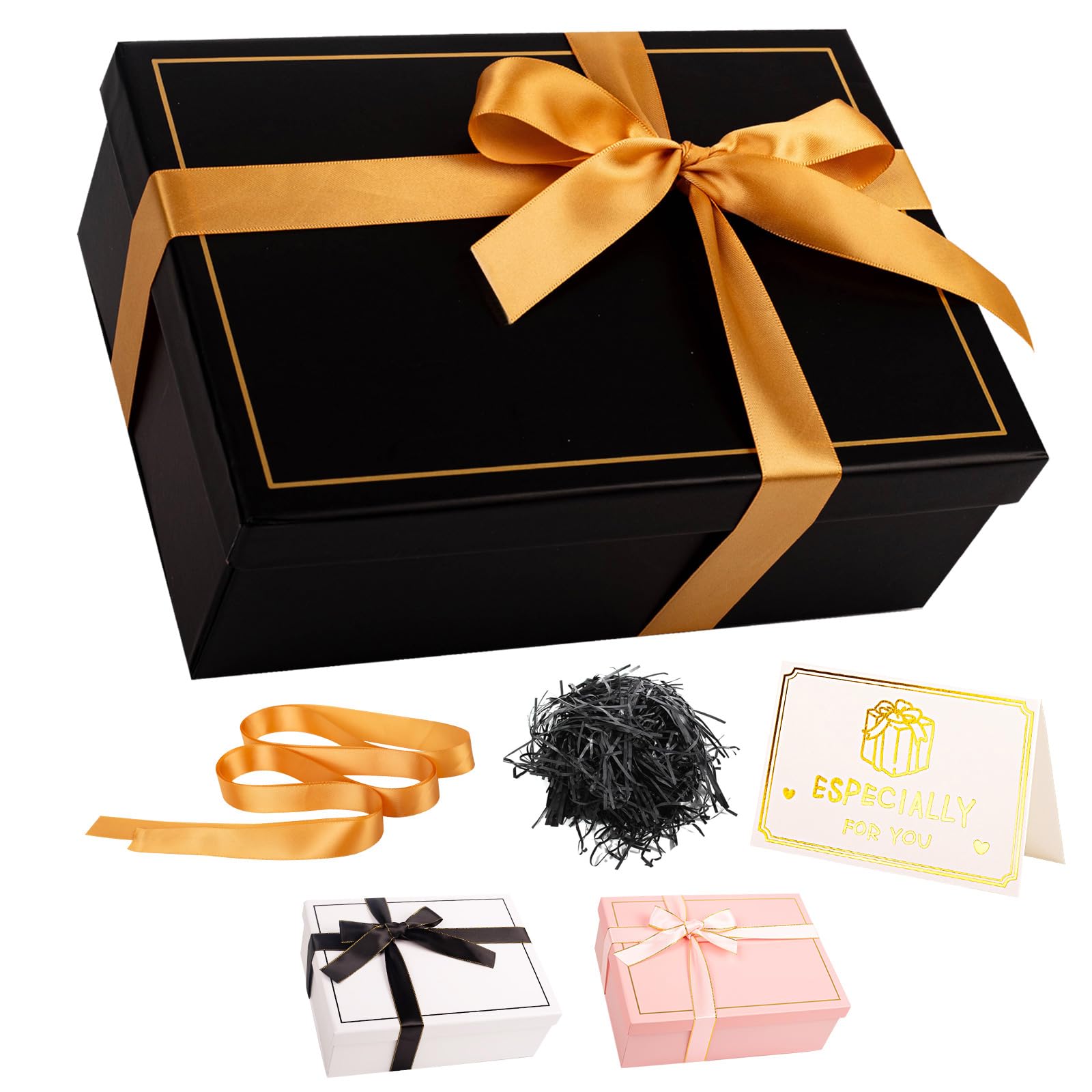 Black Gift Box with Lid 25x18x9cm Medium/Large Luxury Gift Boxes for Presents, Cardboard Empty Gift Box for Birthday Christmas Wedding Valentines Day Present Box for Her Women Men with Ribbon