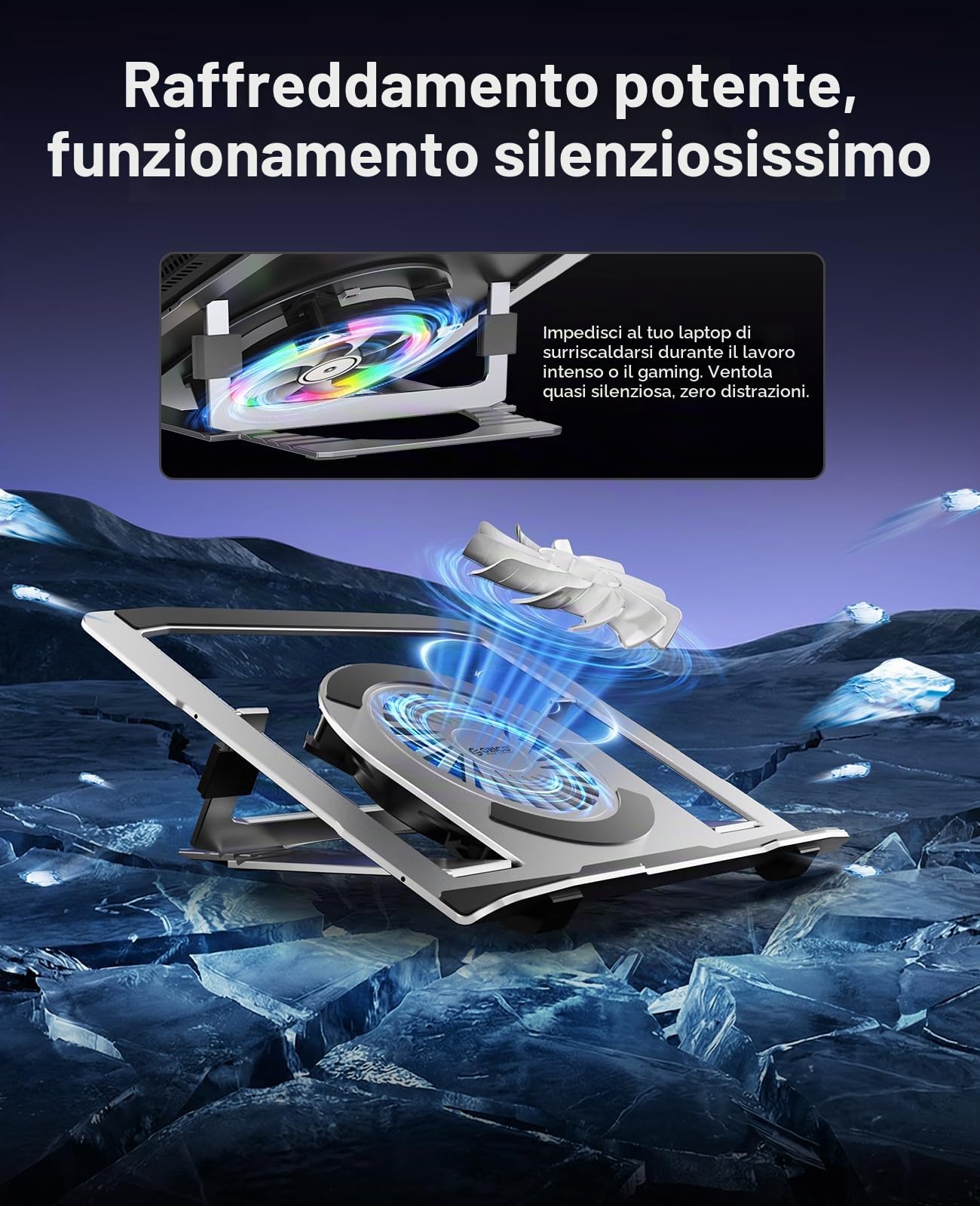 ORICO Supporto pc portatile in Alluminio con Ventola USB, Ergonomico, Regolabile e Pieghevole, RGB, per Notebook fino a 17" – NSF1, Argento