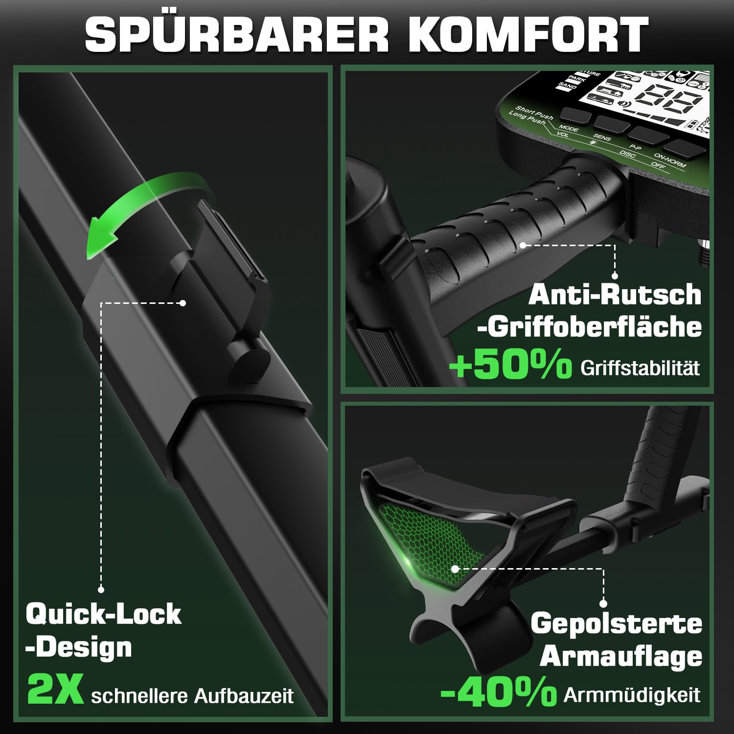 DR.ÖTEK Metalldetektor Profi Set für Erwachsene Anfänger, Aktualisierter 6 Modi Leicht Metalldetektor, 3 Terrain-Modus mit Pinpoint, IP68 wasserdichte Suchspule, Metal Detector Kit mit Zubehör, Grün