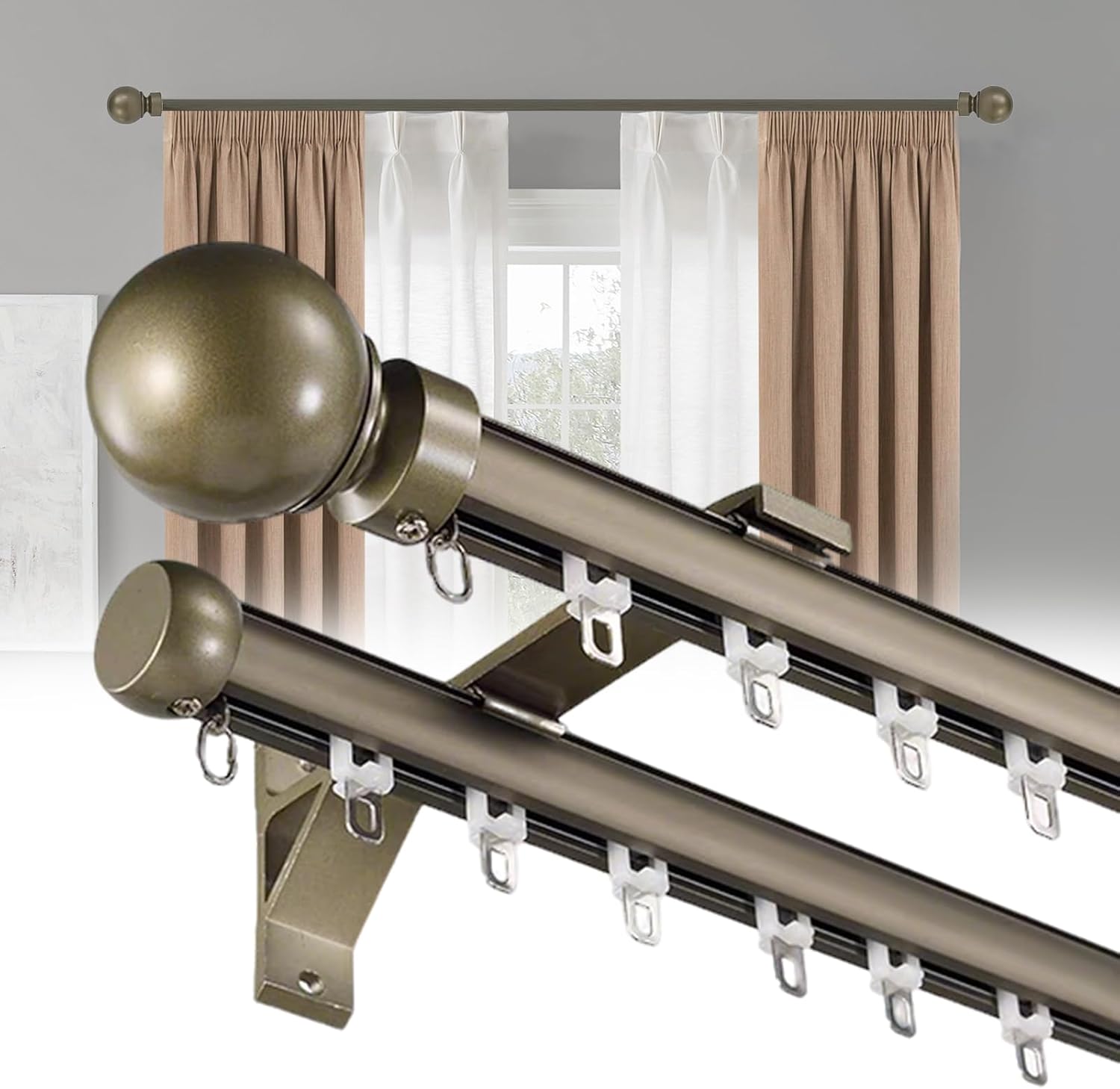 Double Curtain Rods for Windows, Heavy Duty Dual Rod Wall Mount Track Slilent Aluminum Alloy Brackets with Decorative Round Finials Rail for Bedroom/Living Room/Window (Champagne,1.2m(3.9ft))