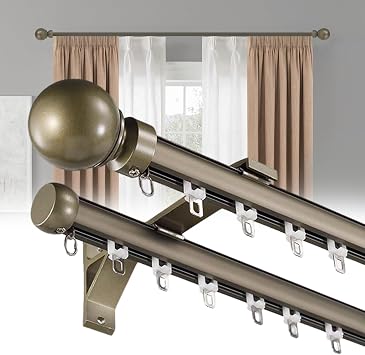 Double Curtain Rods for Windows, Heavy Duty Dual Rod Wall Mount Track Slilent Aluminum Alloy Brackets with Decorative Round Finials Rail for Bedroom/Living Room/Window (Champagne,2.3m(7.5ft))