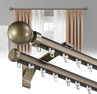 Double Curtain Rods for Windows, Heavy Duty Dual Rod Wall Mount Track Slilent Aluminum Alloy Brackets with Decorative Round Finials Rail for Bedroom/Living Room/Window (Champagne,1.9m(6.2ft))