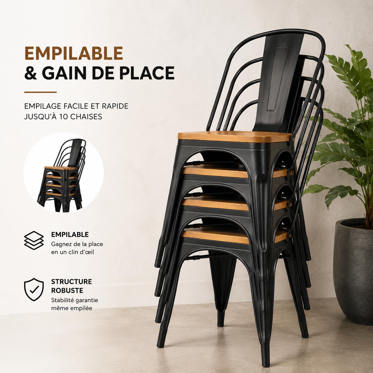 Kosmi - Lot de 4 chaises Style Industriel en métal Noir Mat et Assise en Bois Clair