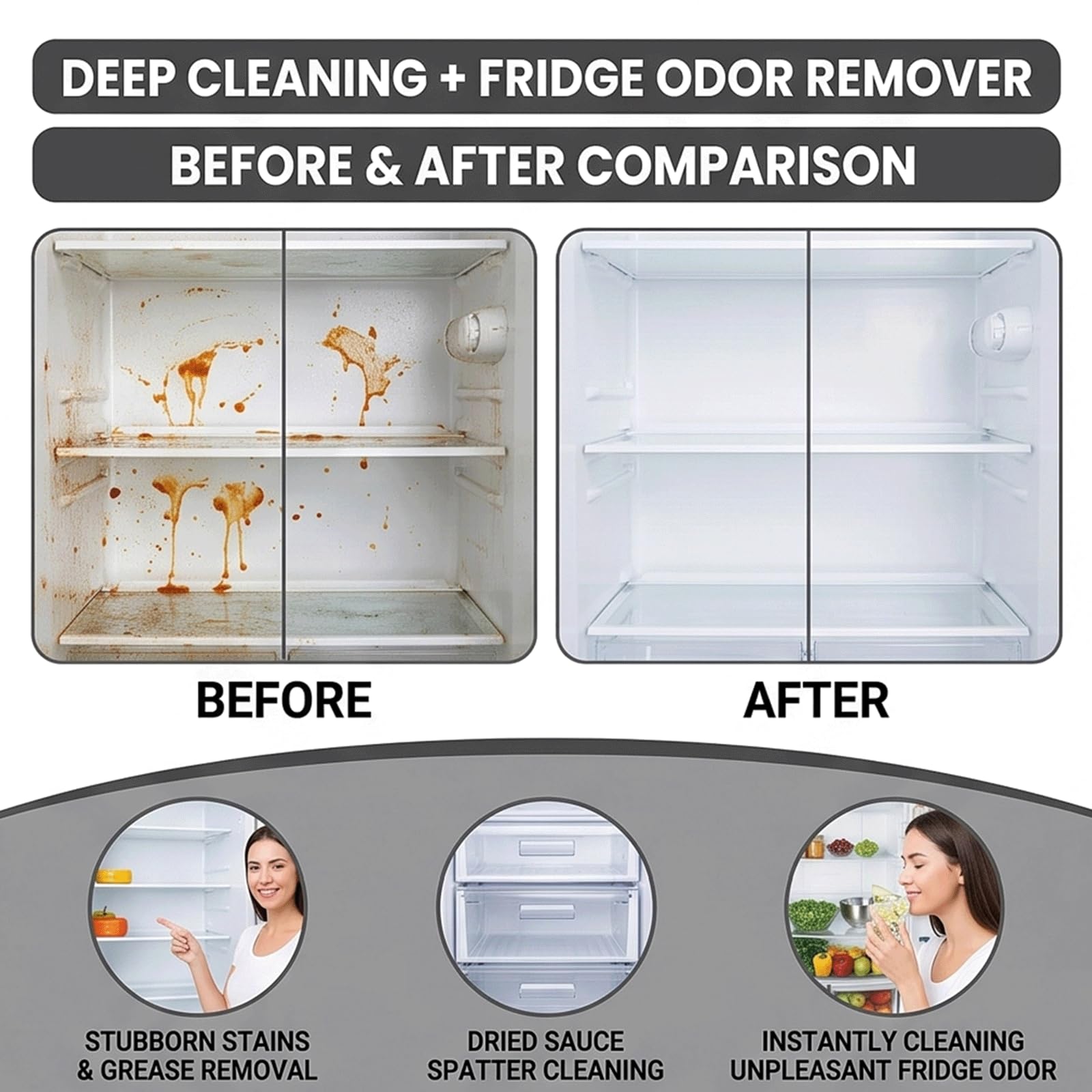 Limpiador de frigorífico en aerosol con aroma fresco de limón y limpiador de frigorífico en el interior,cocina con olor a frigorífico Nettoyant Brume,seguro para sellos y estantes de vidrio (5 piezas)