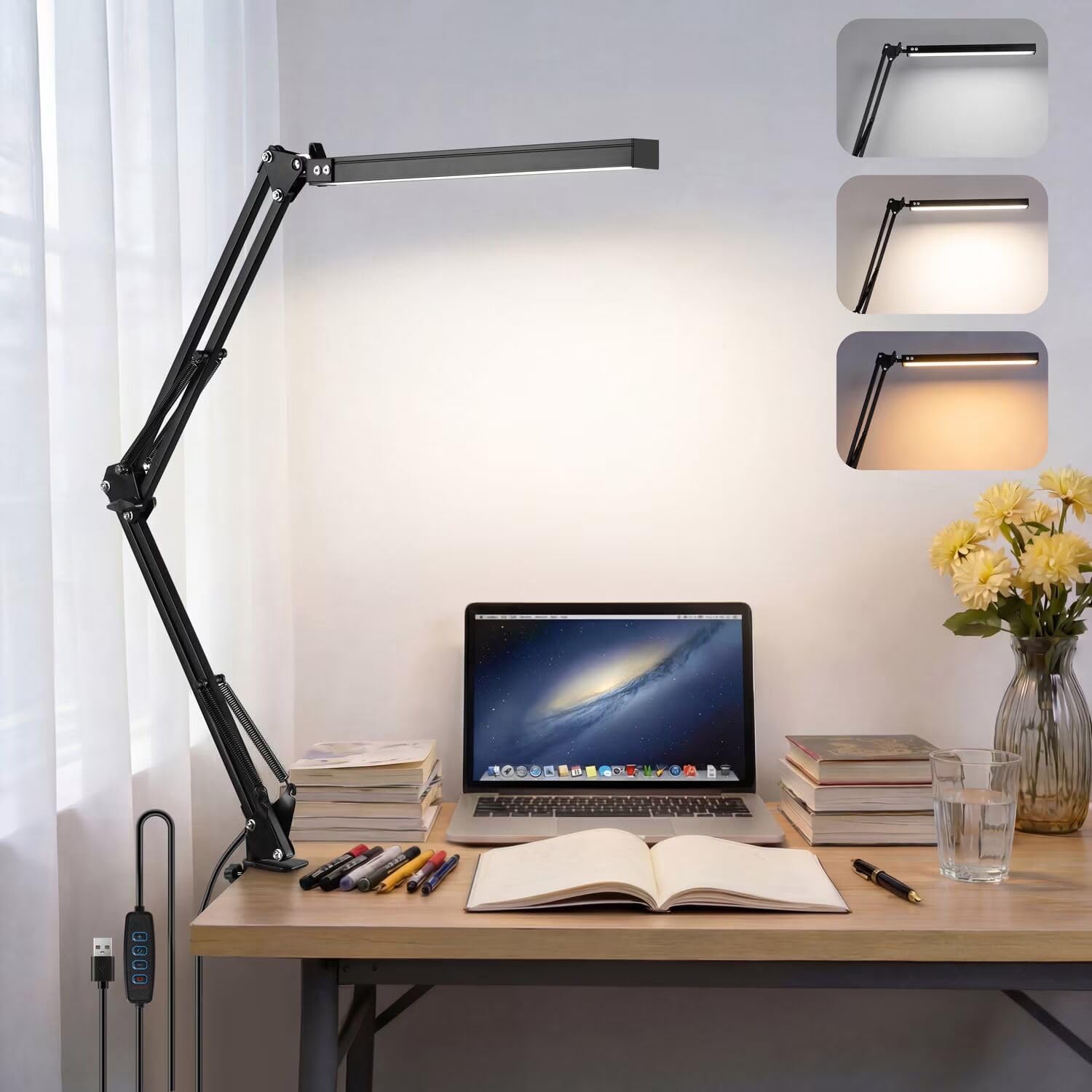 Swing Arm LED Desk Lamp with Clamp, USB Powered Dimmable Table Lamp, 3 Color Modes & Adjustable Brightness, 360° Flexible Gooseneck Architect Light for Study, Office, Reading & Workbench-image-7
